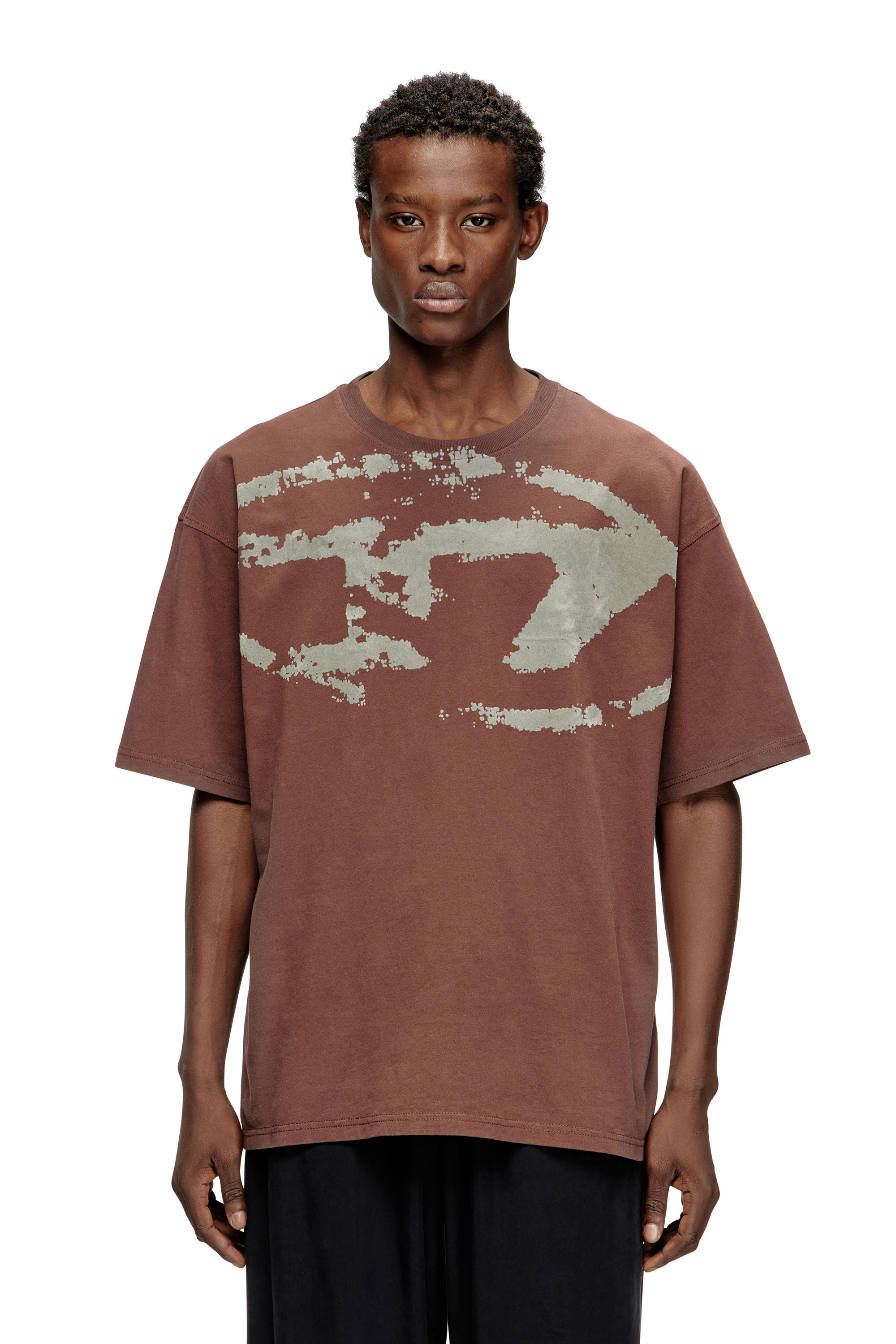 Diesel Homem Marrom - T-Shirt With Distressed Flocked Logo - T-Shirts - Man Médio