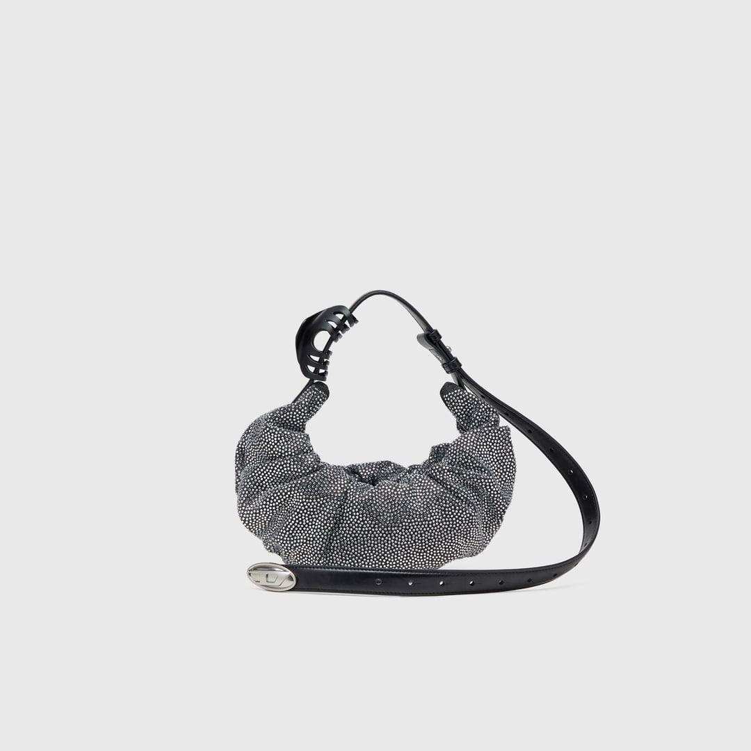Diesel - Grab-D S-Small scrunched hobo bag in crystal denim - Shoulder Bags - Woman - Black