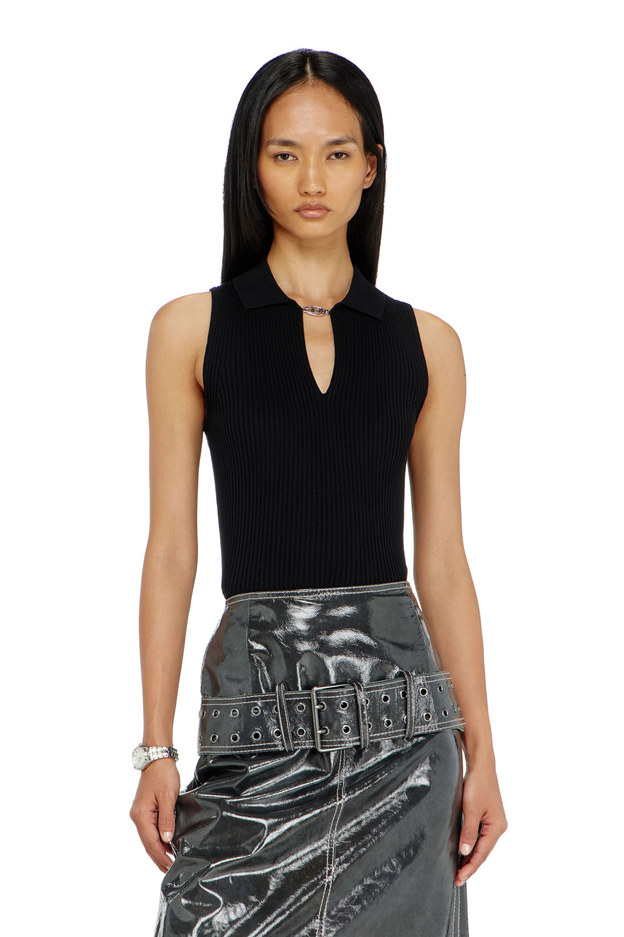 Diesel - Sleeveless rib-knit polo top in silk blend - T-Shirts - Woman - Black