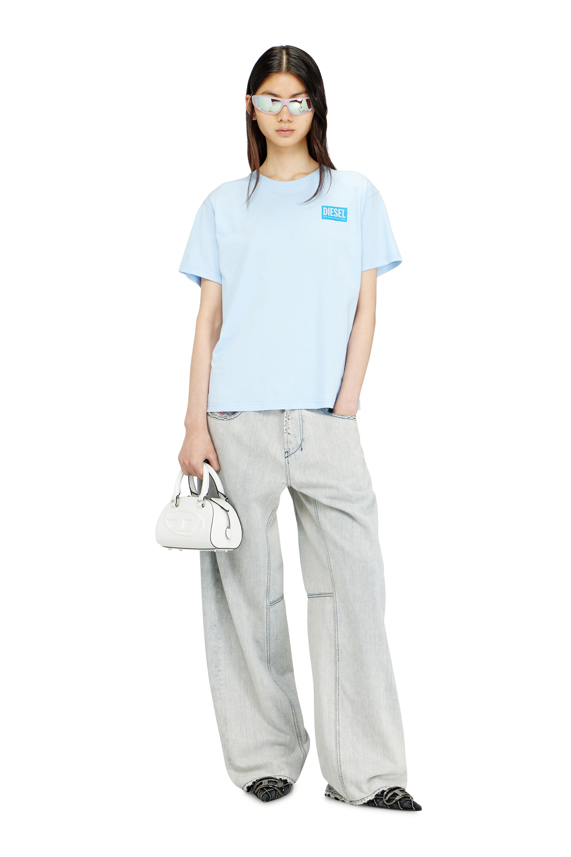 Diesel - T-NORMY-S6, Woman's Organic cotton jersey t-shirt with crew neck and logo print in Light Blue - 1