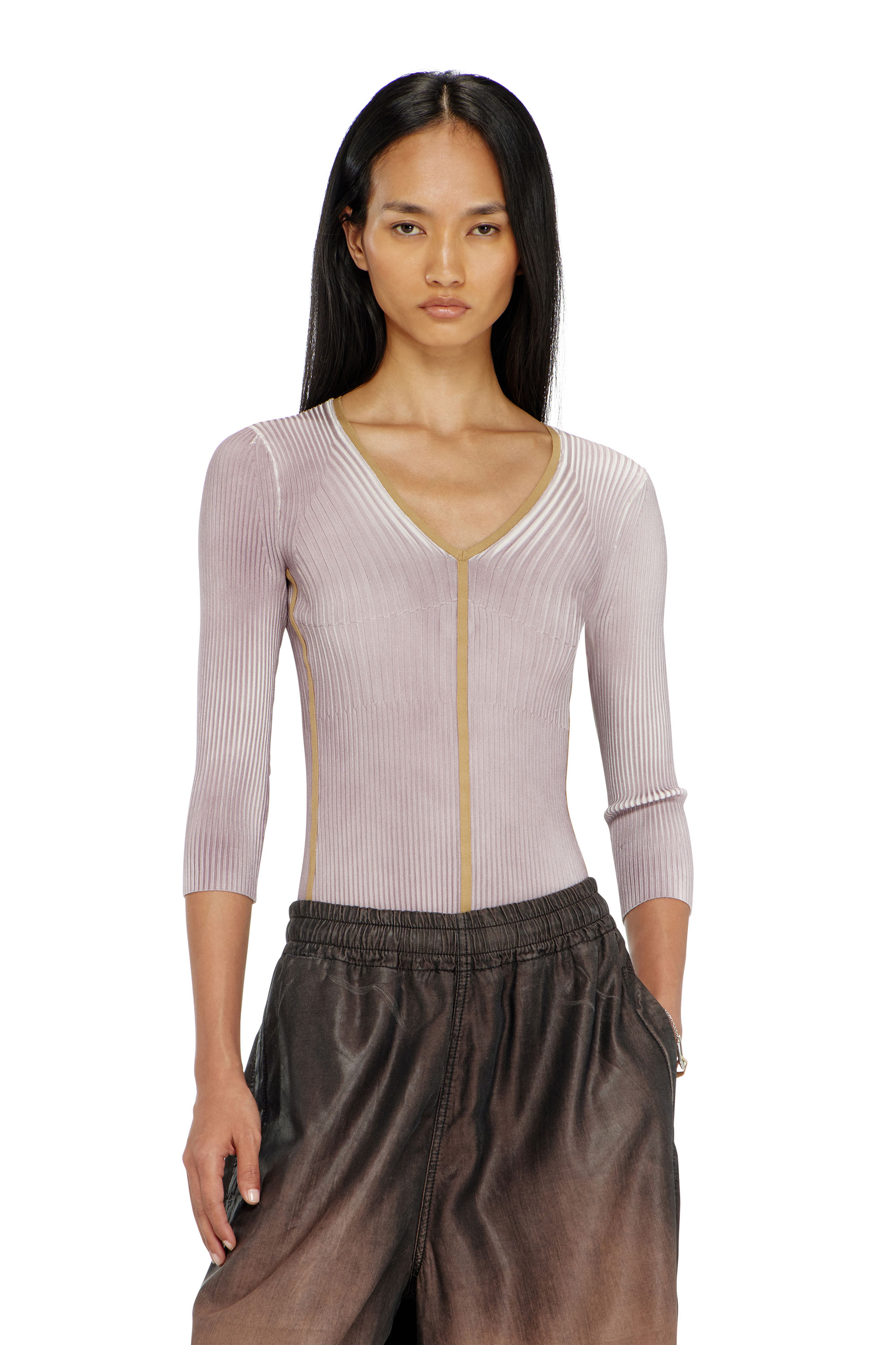Diesel Women's Violet - Ribbed V-Neck Jumper With Contrast Bands - T-Shirts - Woman Xxs