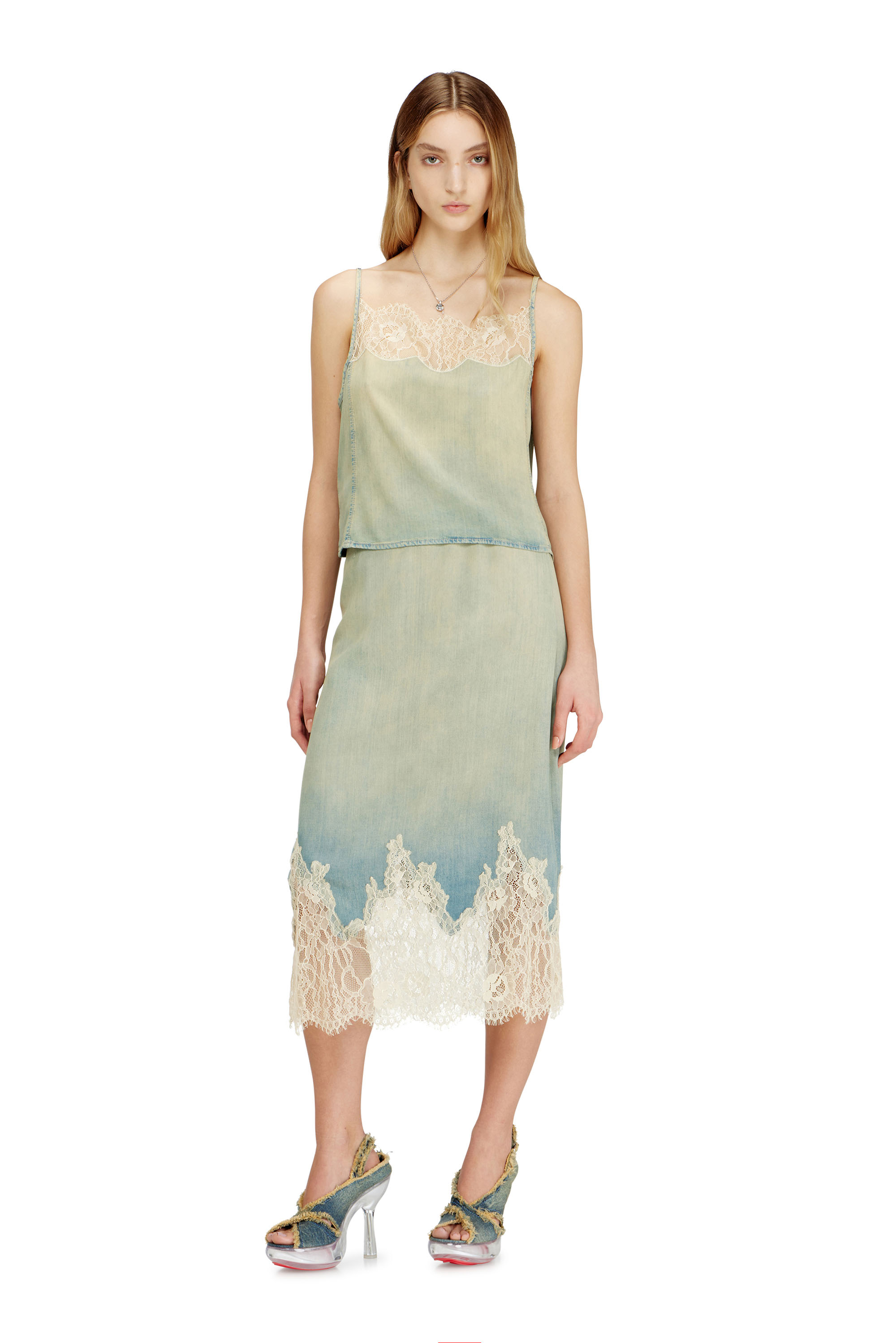 Diesel - DE-MERSY-S, Woman's Midi skirt in denim and lace in Light Blue - 1