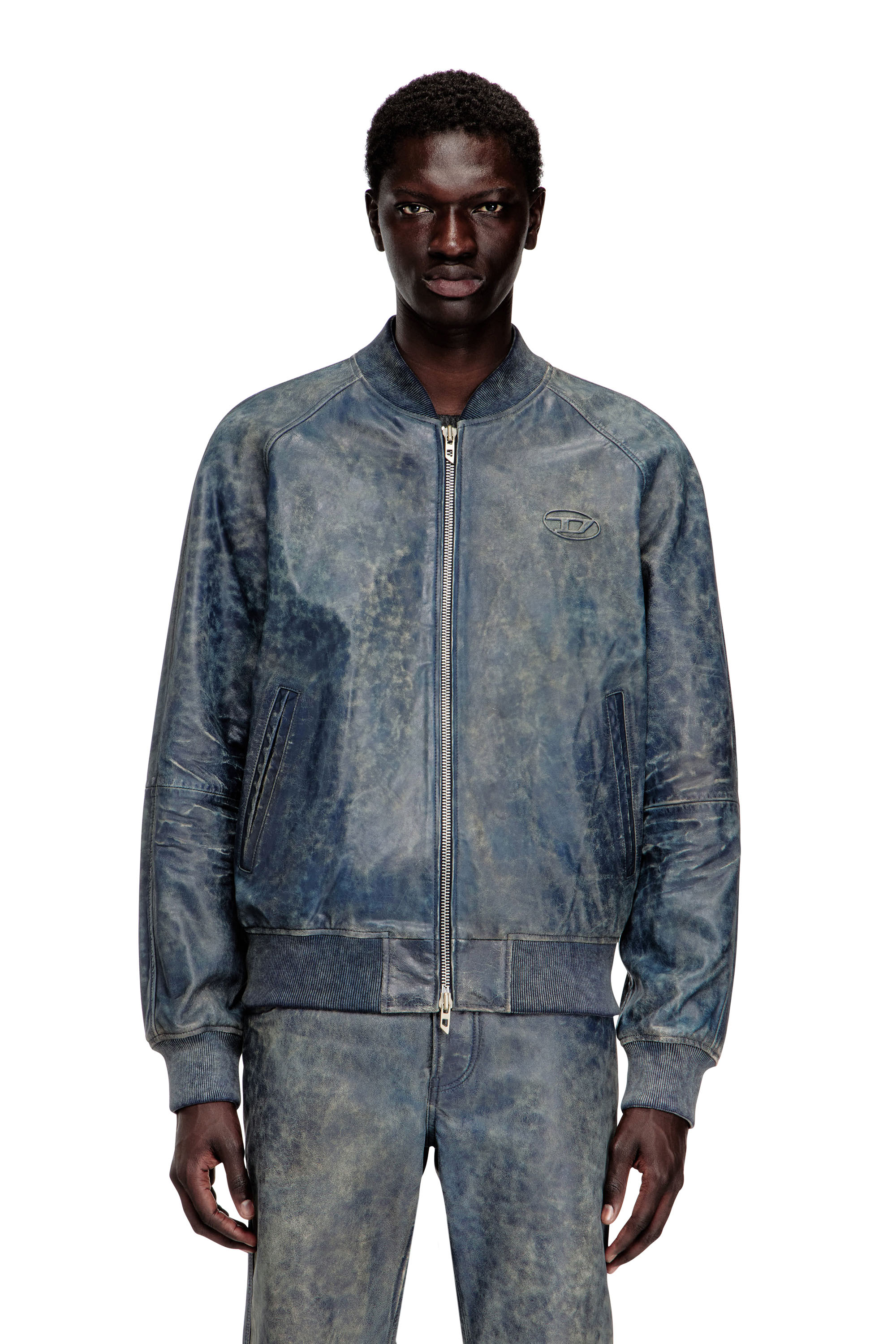 Diesel Homem Azul - Bomber Jacket In Treated Leather - Leather Jackets - Man Tamanho 52