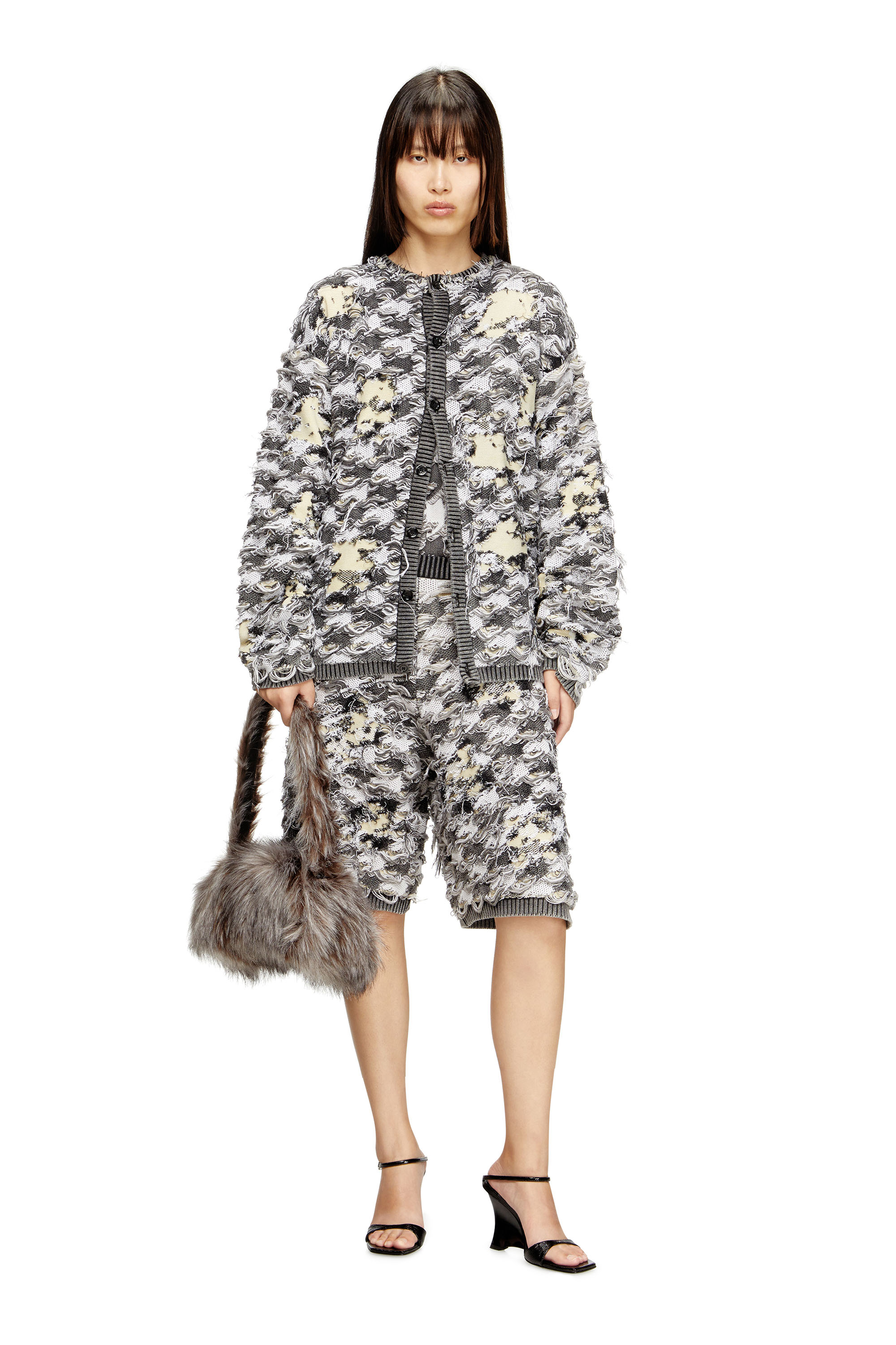 Diesel - M-VANJA, Woman's Destroyed houndstooth-jacquard shorts in Grey/White - 2