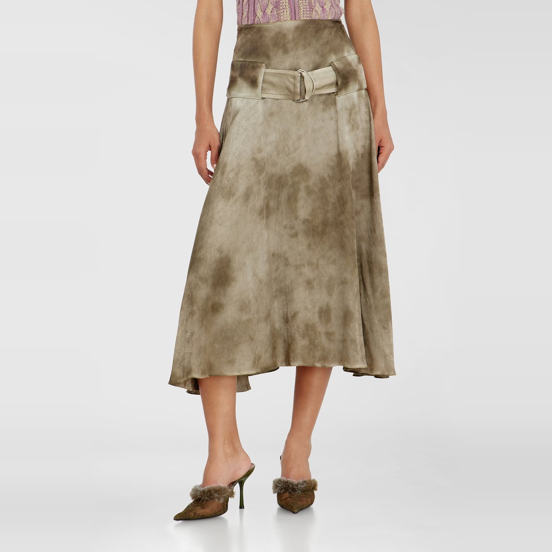 Diesel - Belted midi skirt in logo-jacquard satin - Skirts - Woman - Brown
