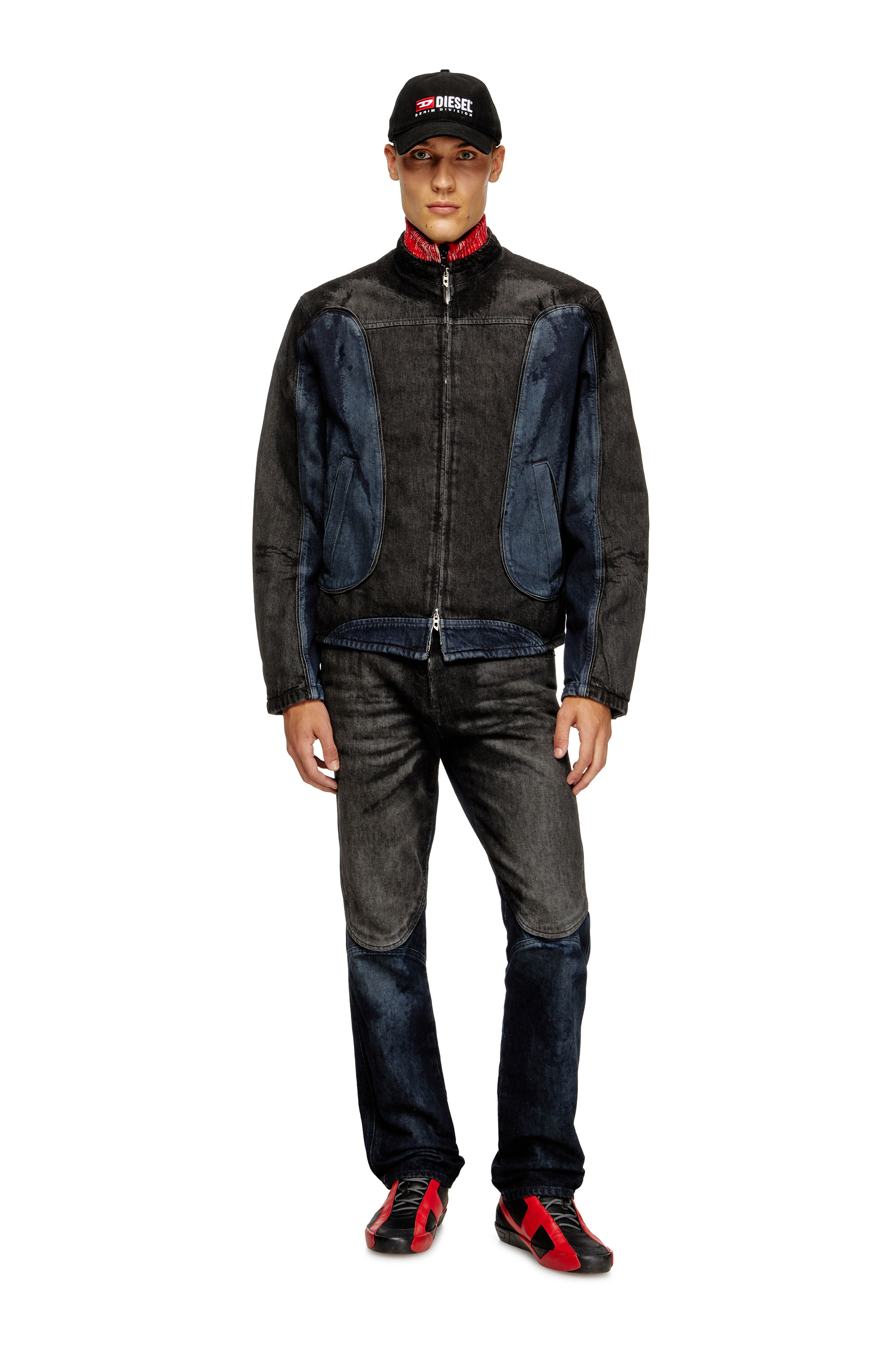 Diesel - D-BLENK-S, Man's Biker-style jacket in bicolour denim in Black/Blue - 2