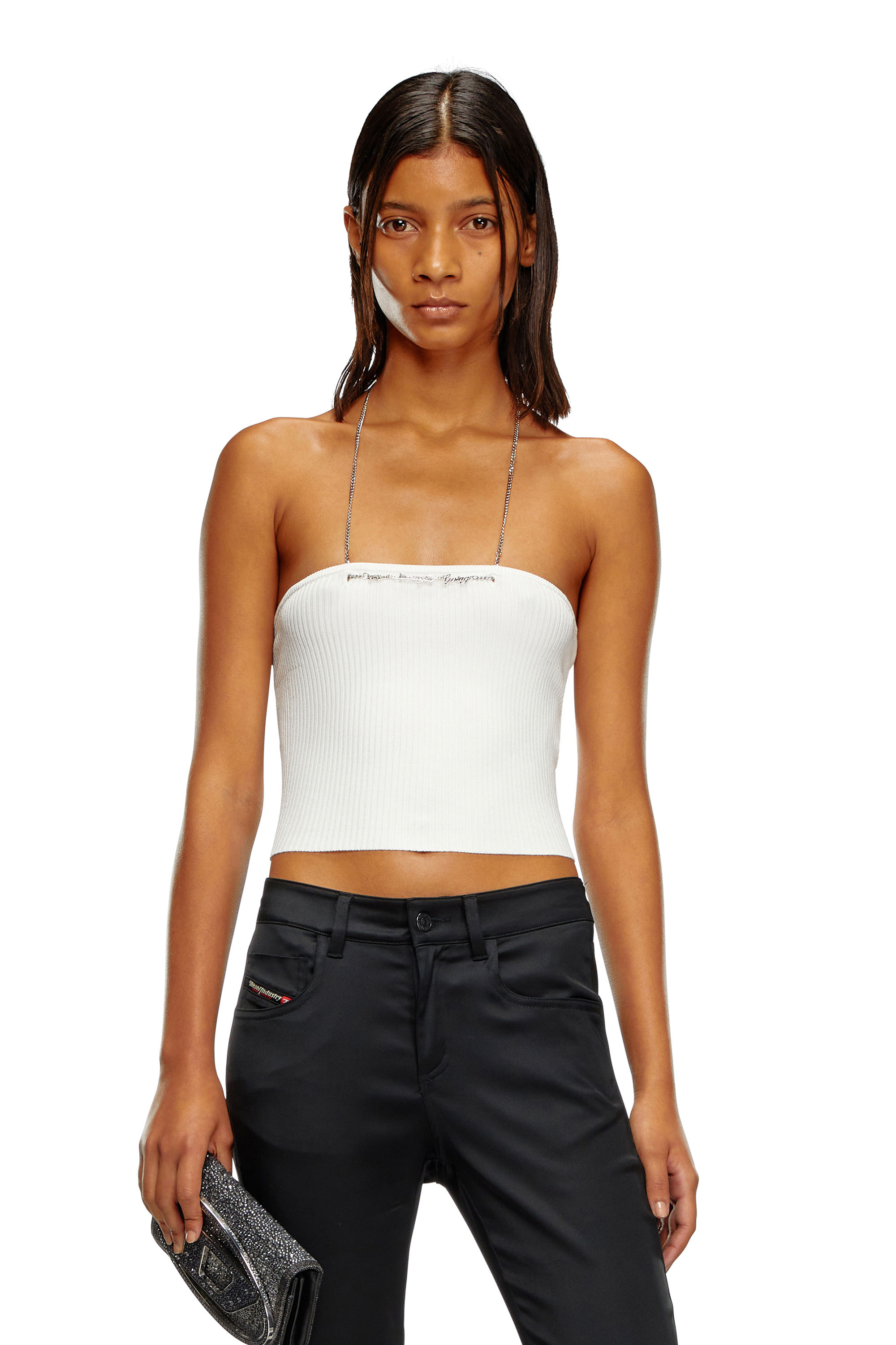 Diesel Cropped Knit Top With Chain Halterneck In White