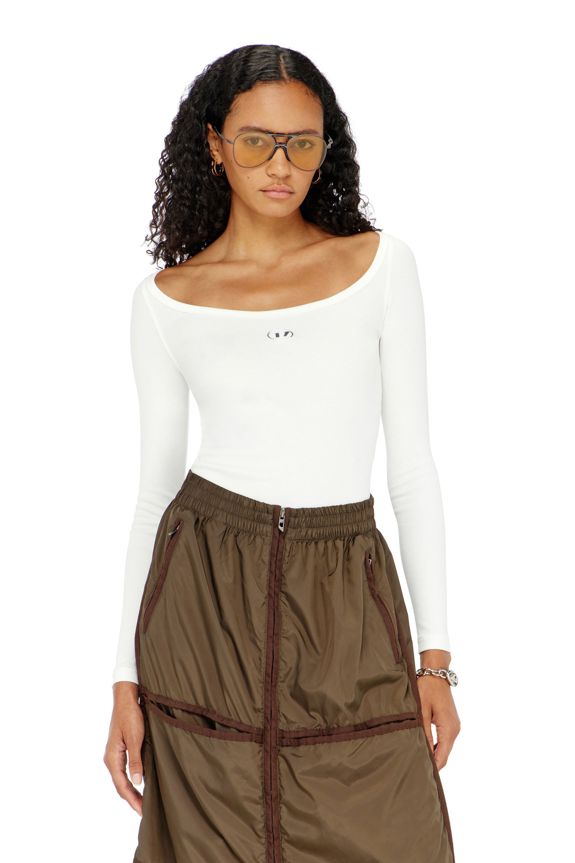 Diesel Women's White - Long Sleeve Ribbed Top With Metallic Oval D - T-Shirts - Woman Large
