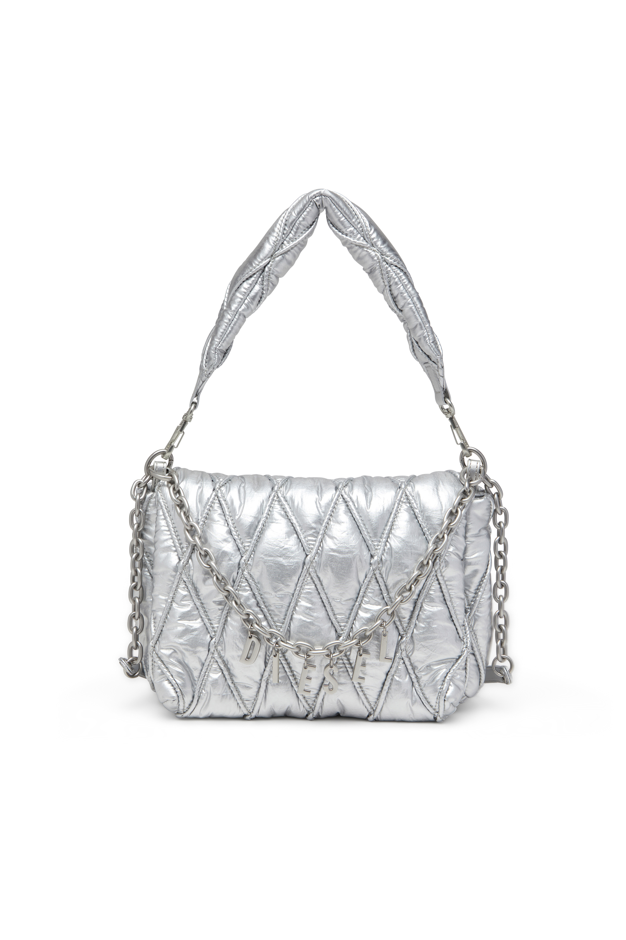 Diesel - Charm-D M-Shoulder bag in quilted metallic nylon - Shoulder Bags - Woman - Silver