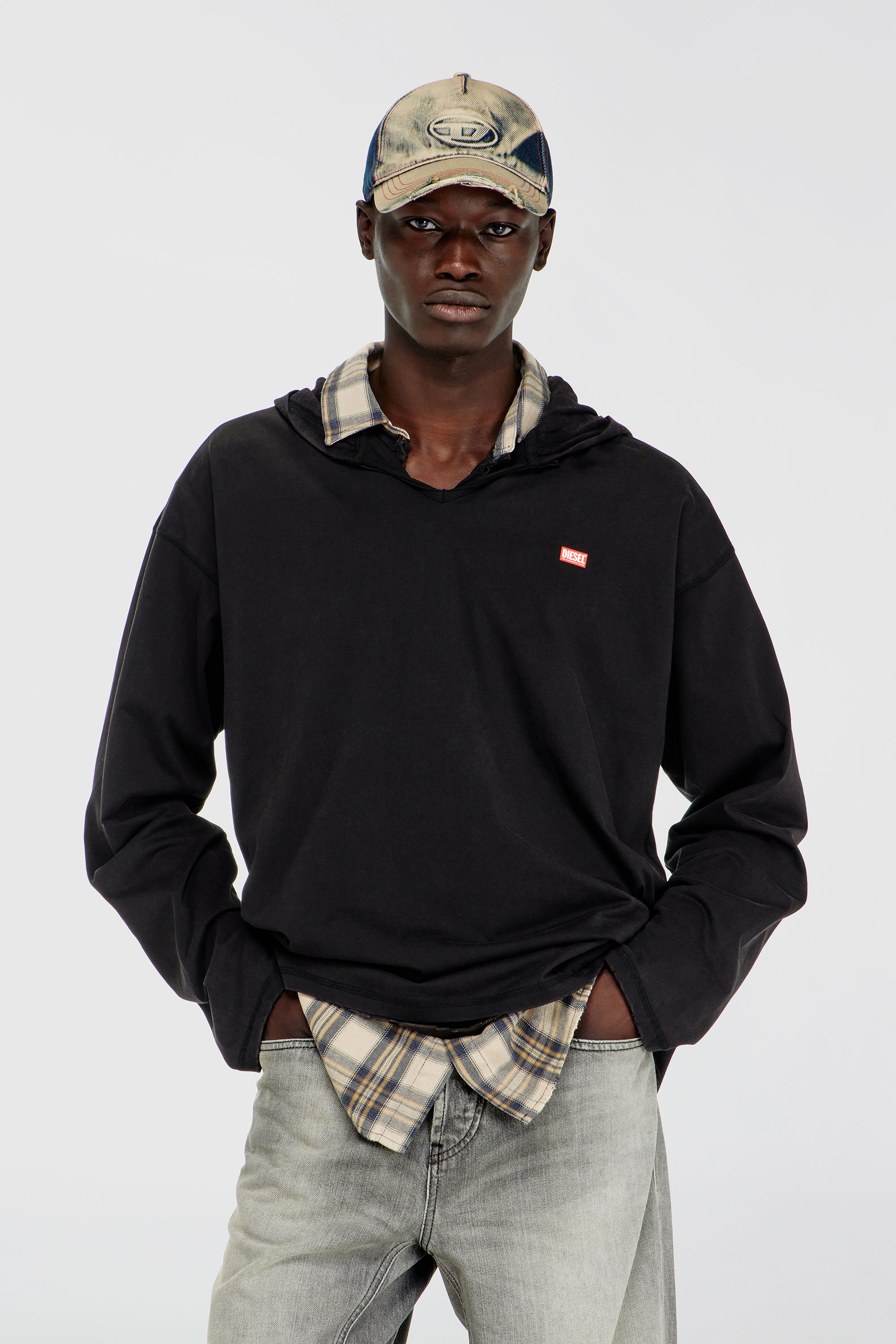 Diesel - Long-sleeve T-shirt with flannel hood - T-Shirts - Man - Black