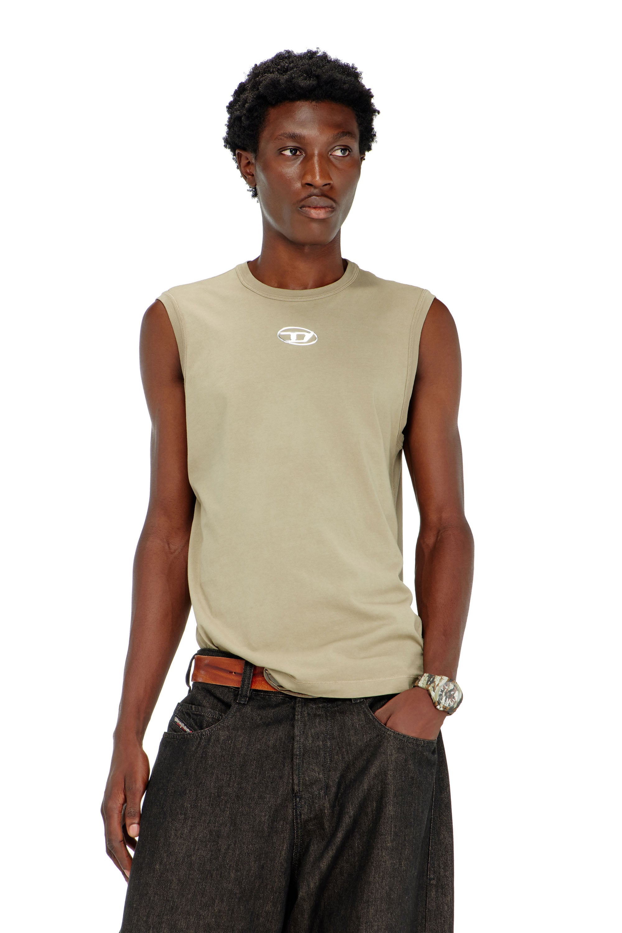 Diesel - Cotton tank top with metallic Oval D - T-Shirts - Man - Beige