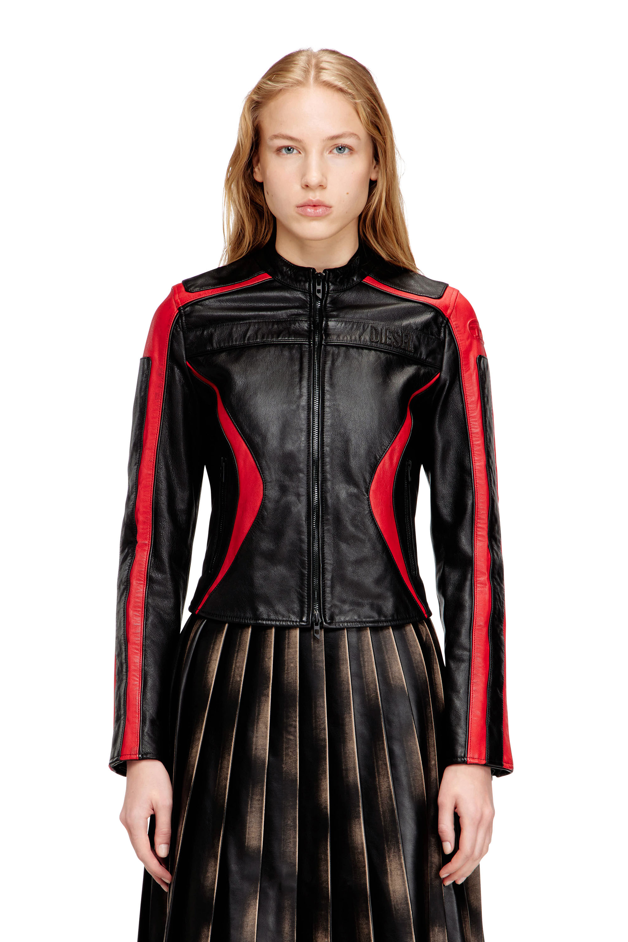 Diesel - L-OVABLE, Woman's Biker jacket in colour-block leather in Black/Red - 3