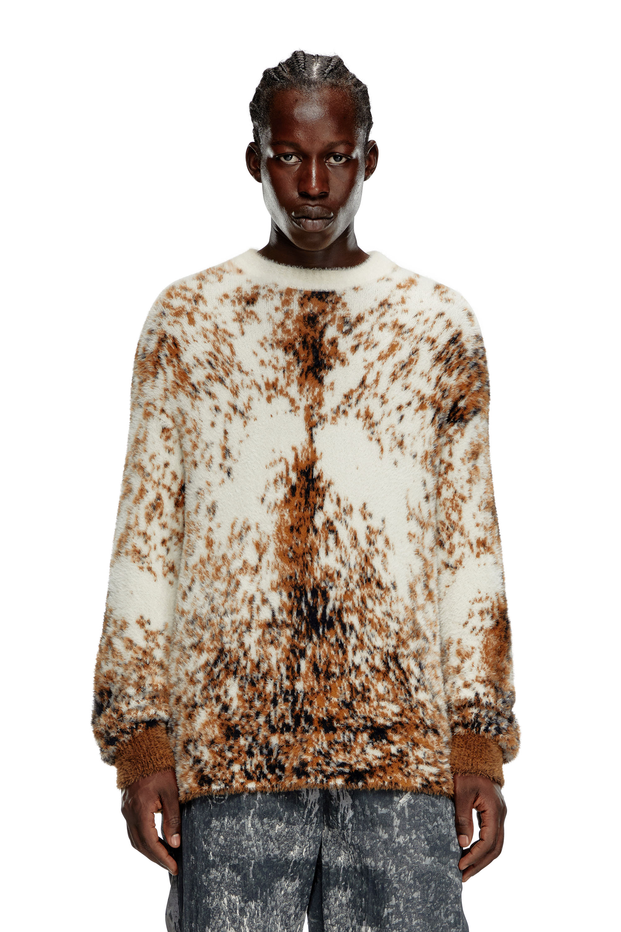 Shop Diesel Fluffy Jumper With Animalier Pattern In Brown