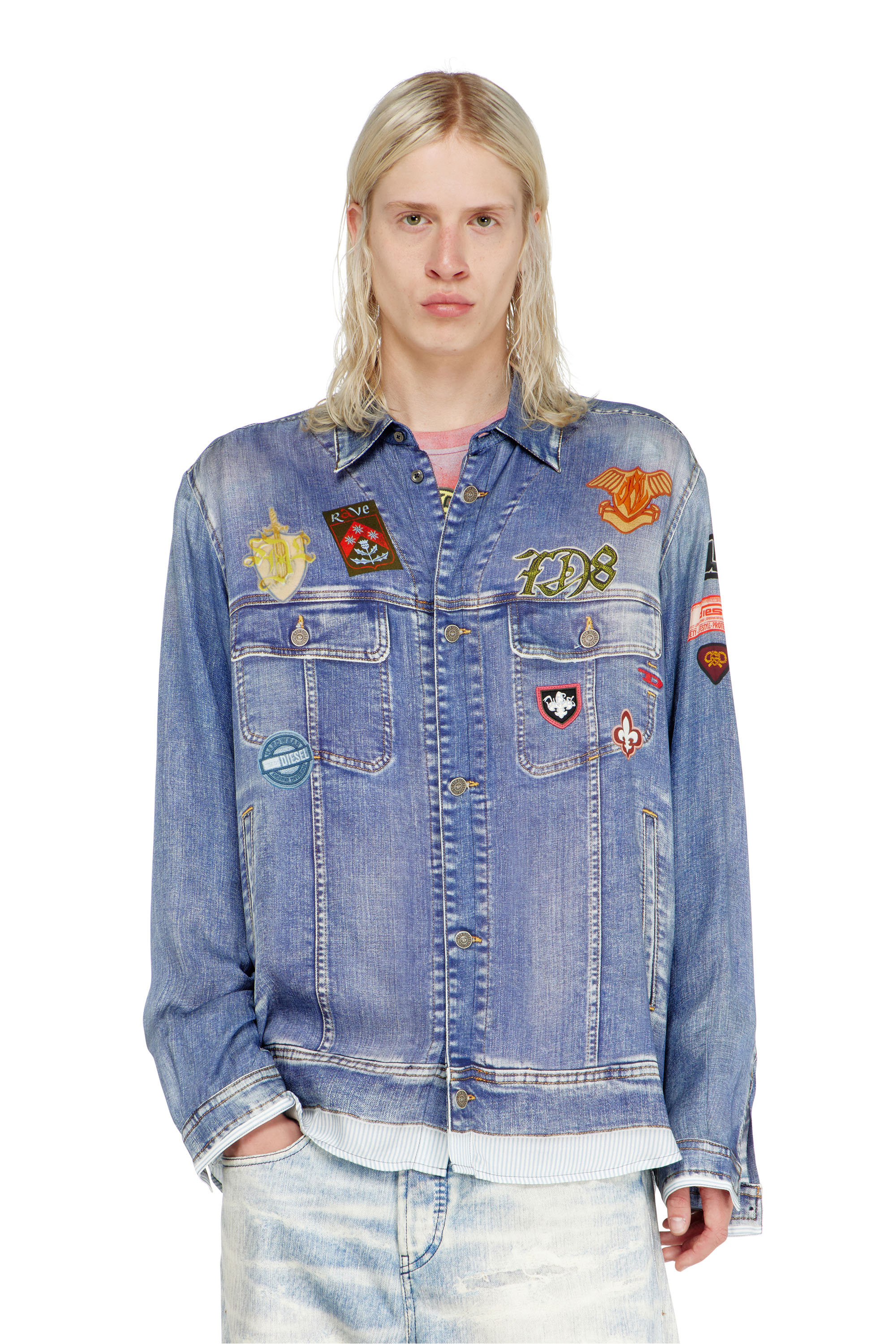Diesel Men's Blue - Satin Shirt With Trompe-L'oeil Denim Print - Shirts - Man Size 50