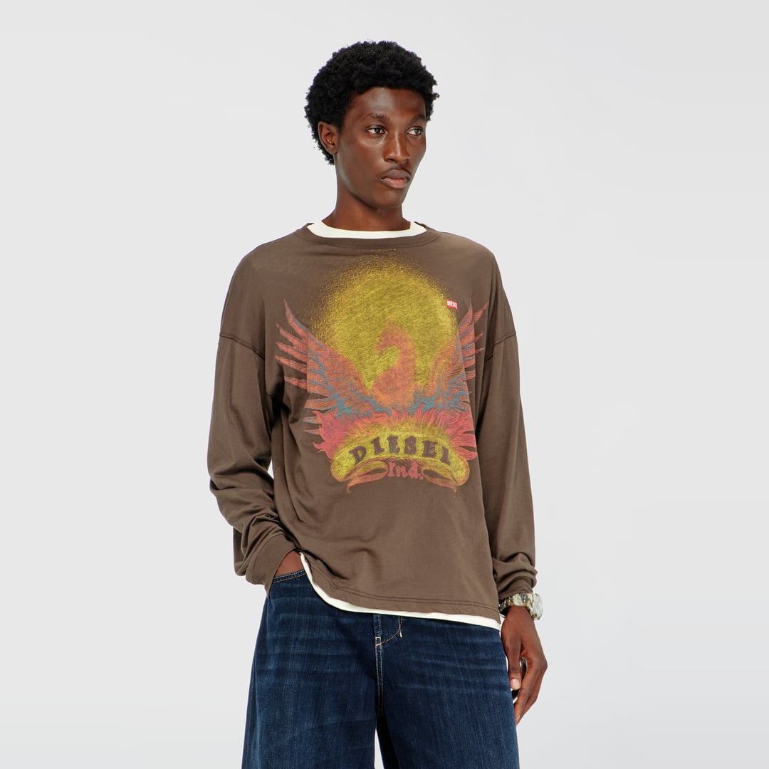 Diesel - Long sleeve T-shirt with Phoenix graphic - T-Shirts - Man - Brown