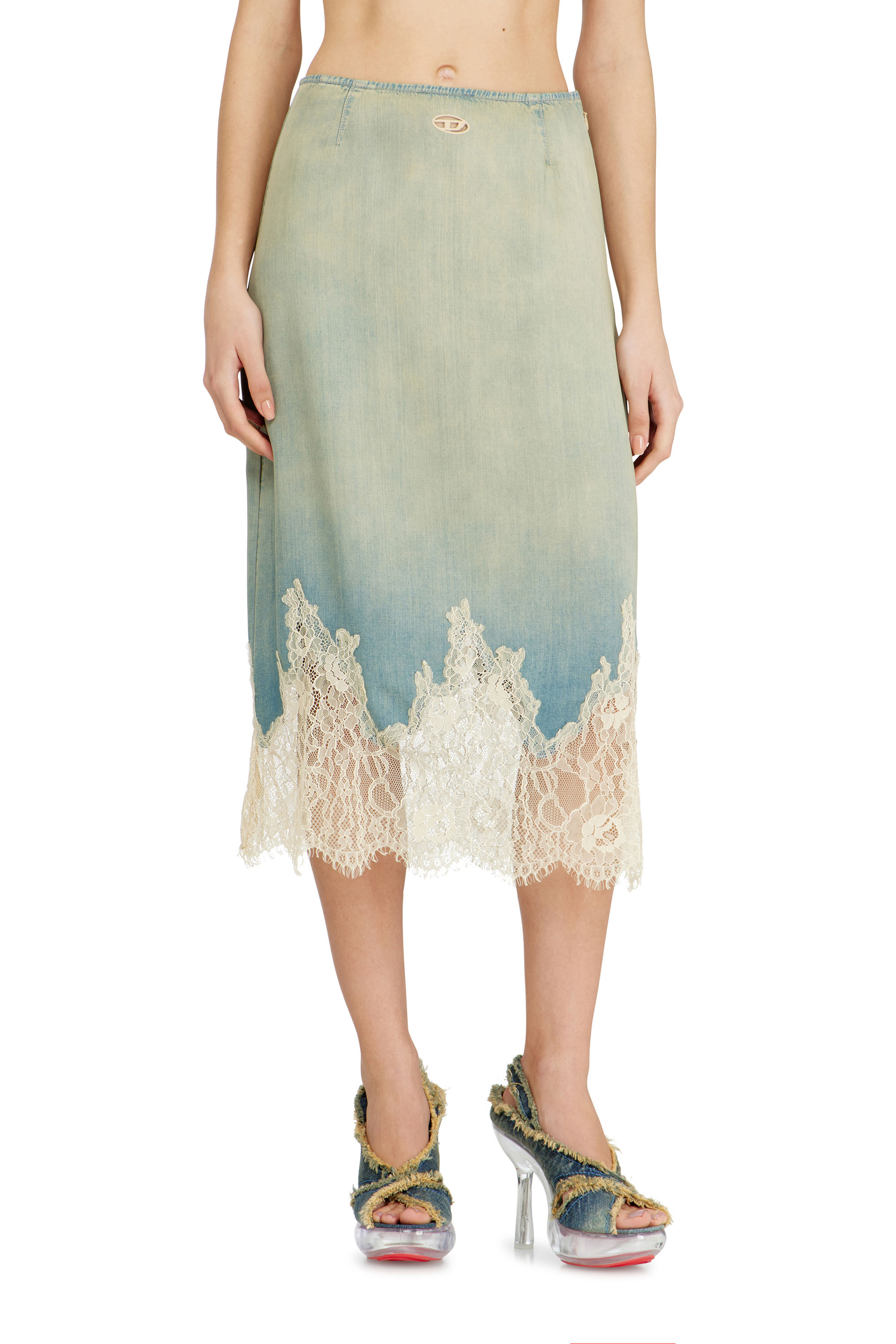 Diesel - DE-MERSY-S, Woman's Midi skirt in denim and lace in Light Blue - 2