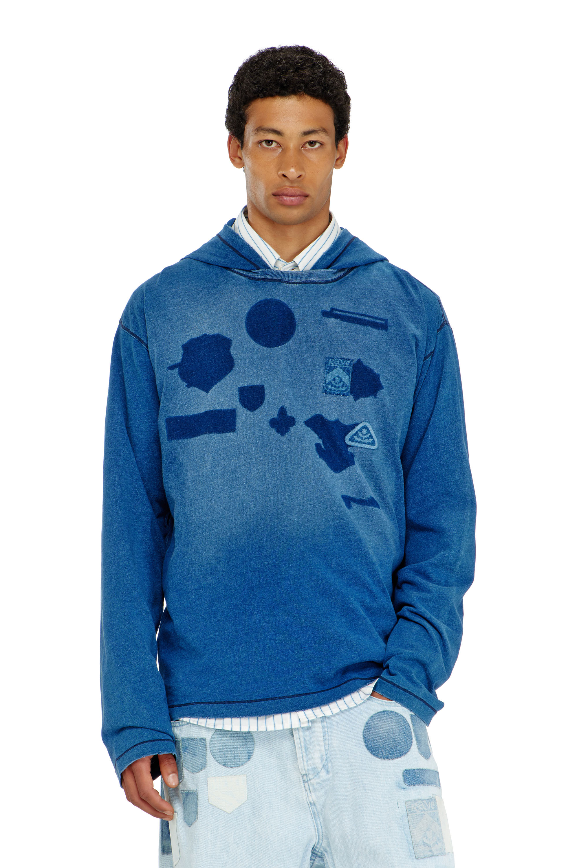 Diesel Men's Indigo - Hooded Long-Sleeve T-Shirt With Shadow-Effect Patches - T-Shirts - Man Small