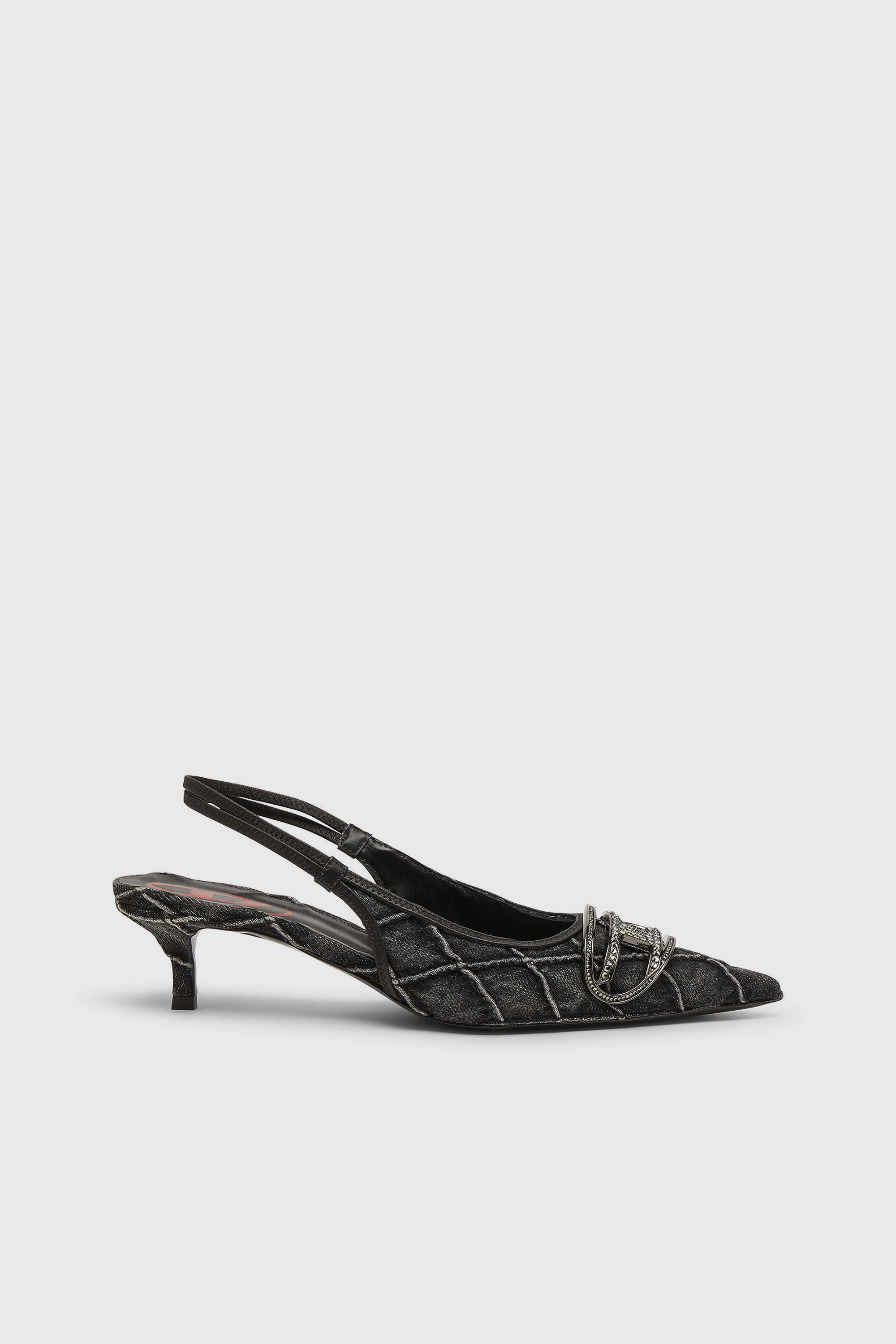 Diesel, D-Venus-Crystal-logo quilted-denim slingback pumps, Heels, Woman in Black