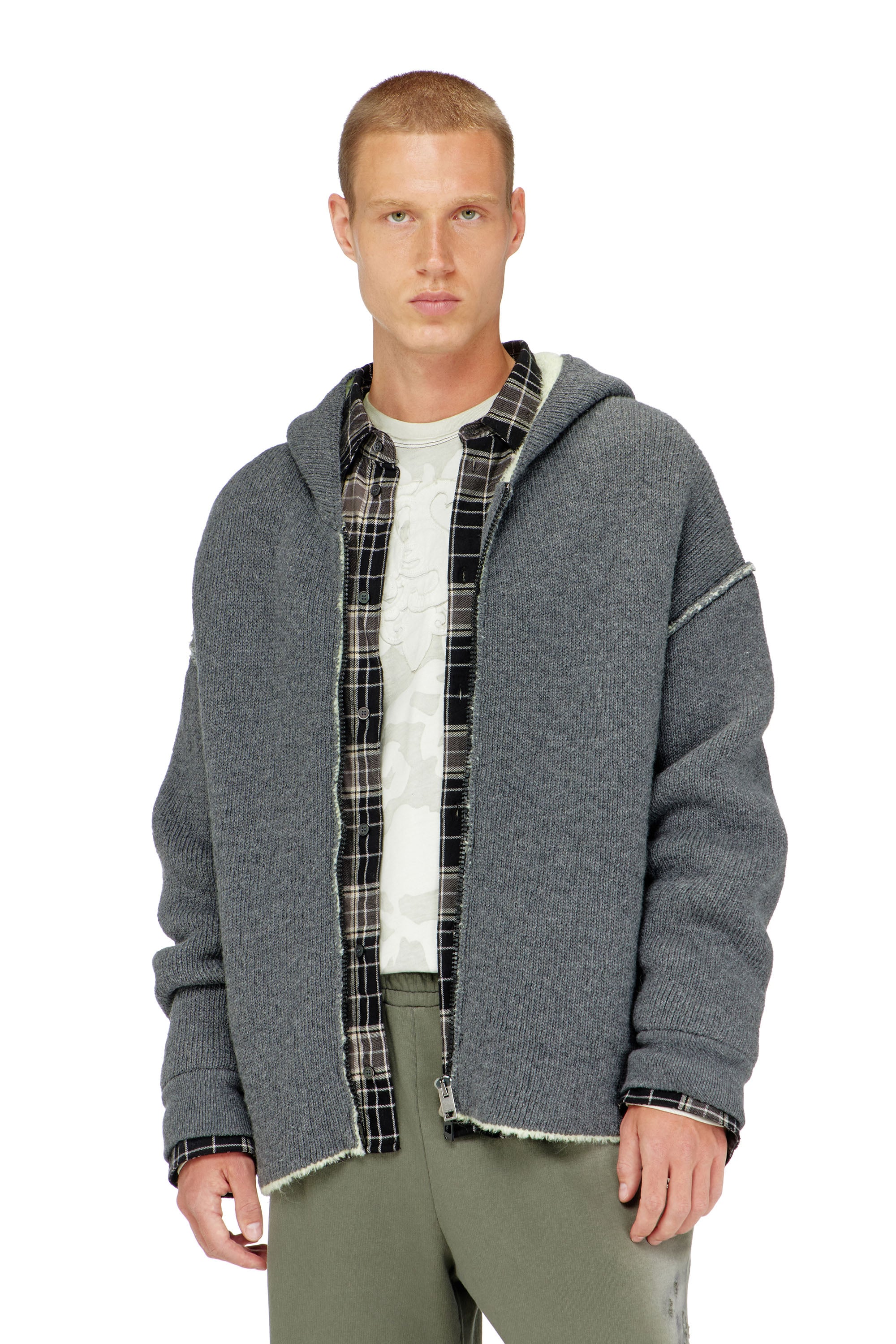 Diesel Herr Grå - Zip-Up Hoodie In Dual-Texture Knit - Knitwear - Man Extra Stor