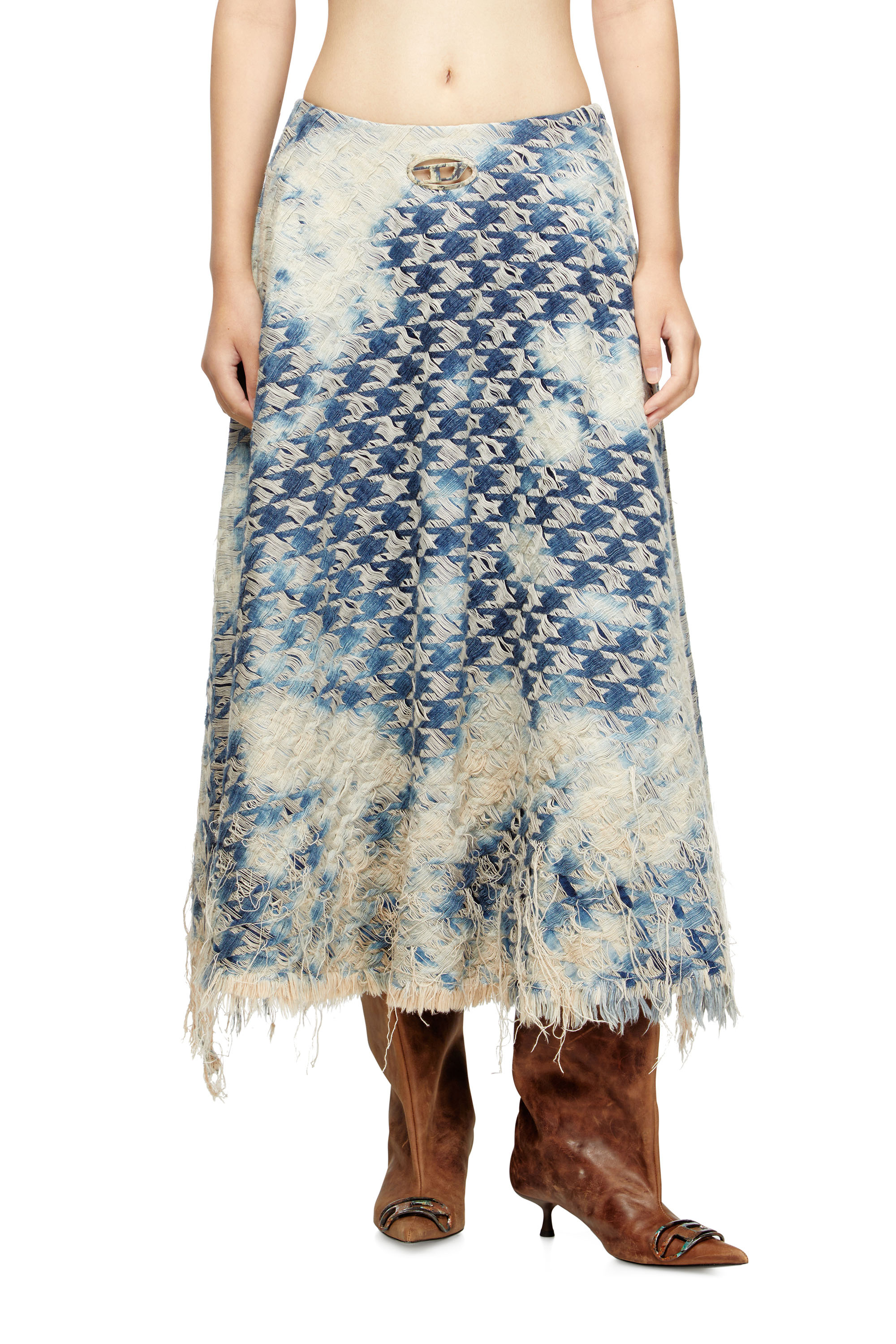Diesel Midi Skirt In Houndstooth-weave Denim In Blue