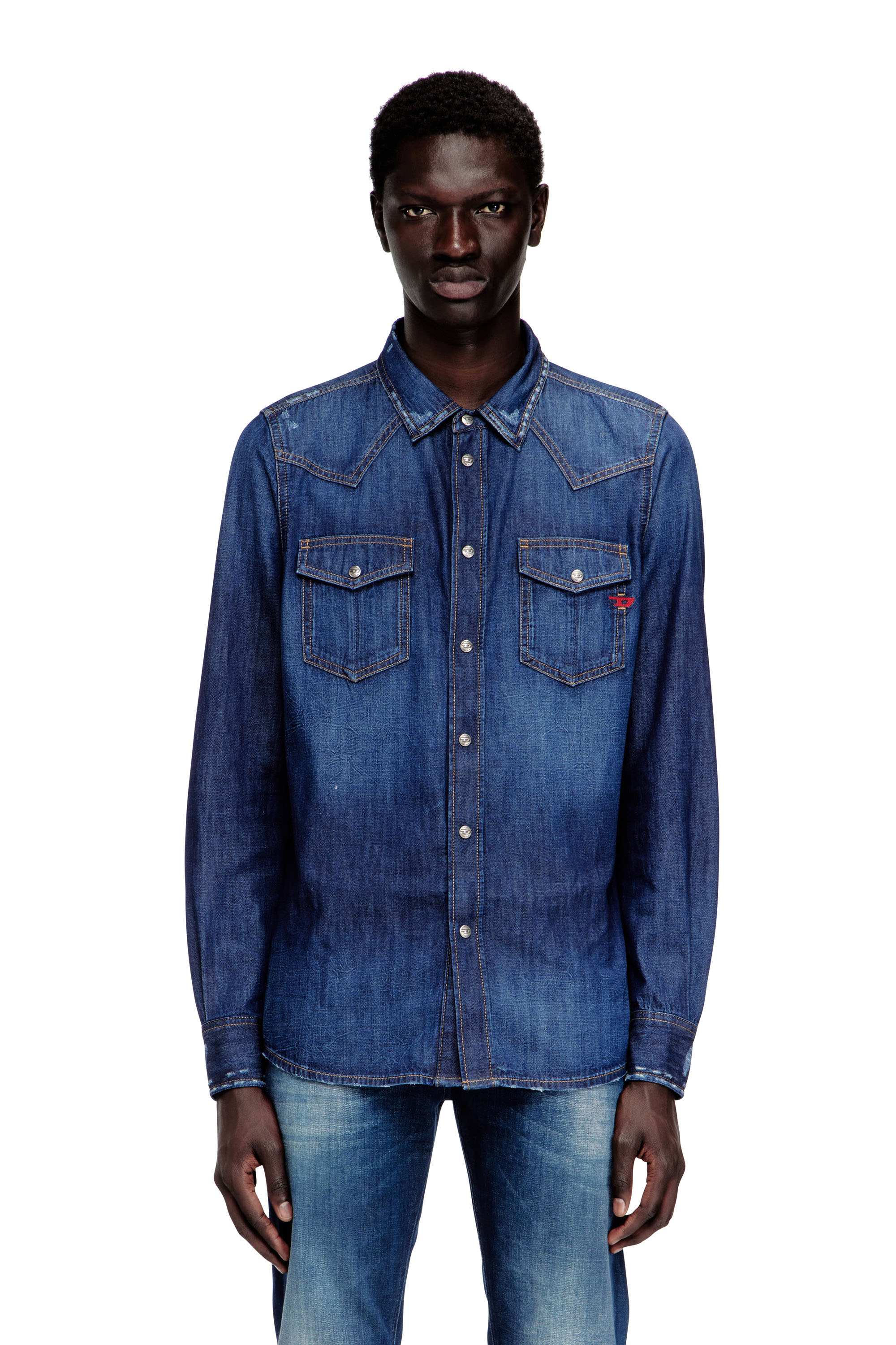 Diesel Men's Blue - Denim Shirt With Patch Pockets - Denim Shirts - Man Extra Small