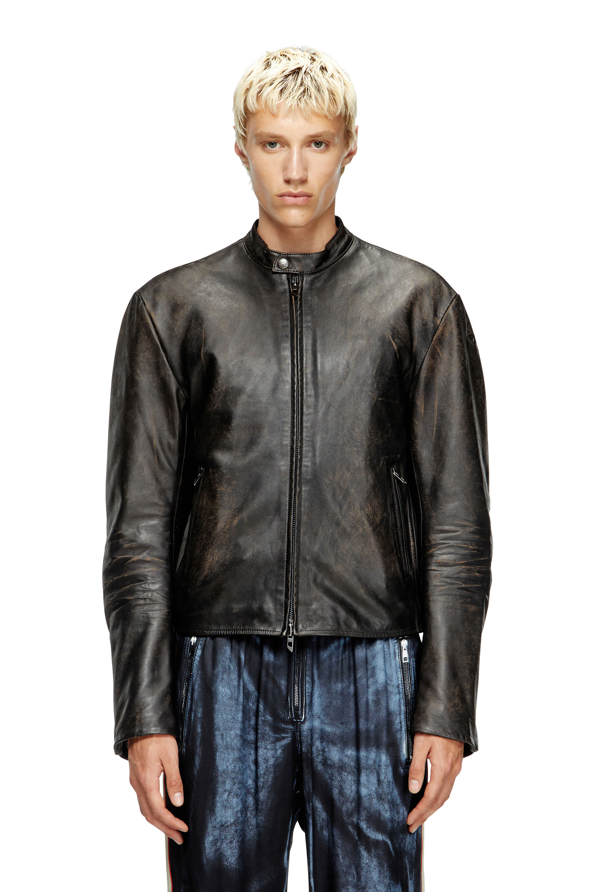 Diesel - L-AROSS, Man's Distressed leather biker jacket in Brown - 1