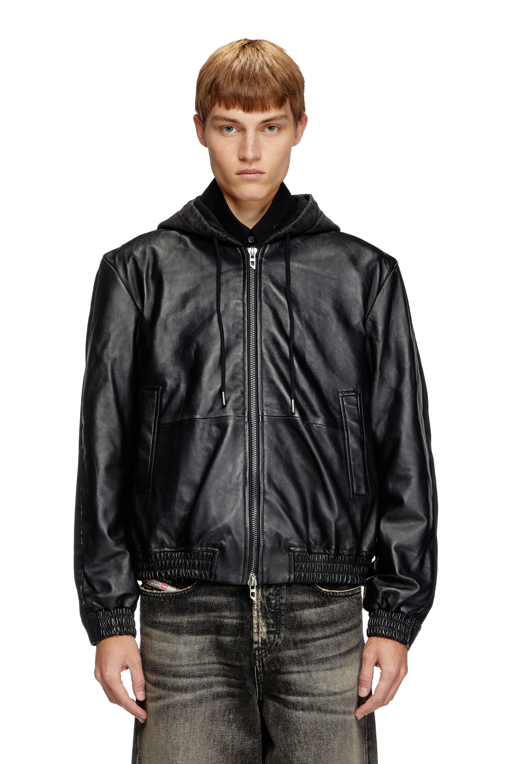 Diesel Men's Black - Hooded Jacket In Leather, Cotton And Denim - Leather Jackets - Man Size 48