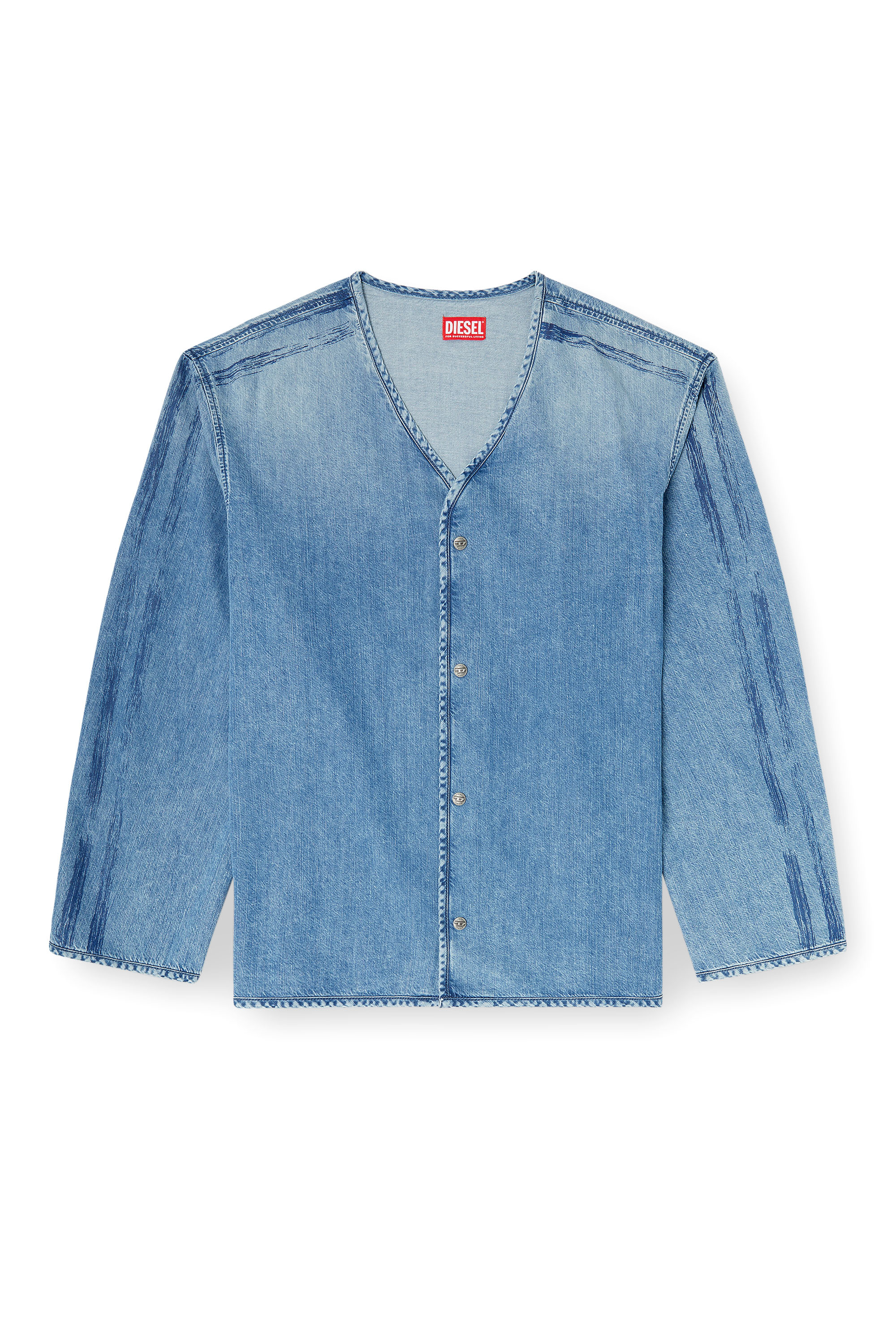 Diesel - D-CADI-S, Man's V-neck shirt in fluid denim with stripes in Light Blue - 2