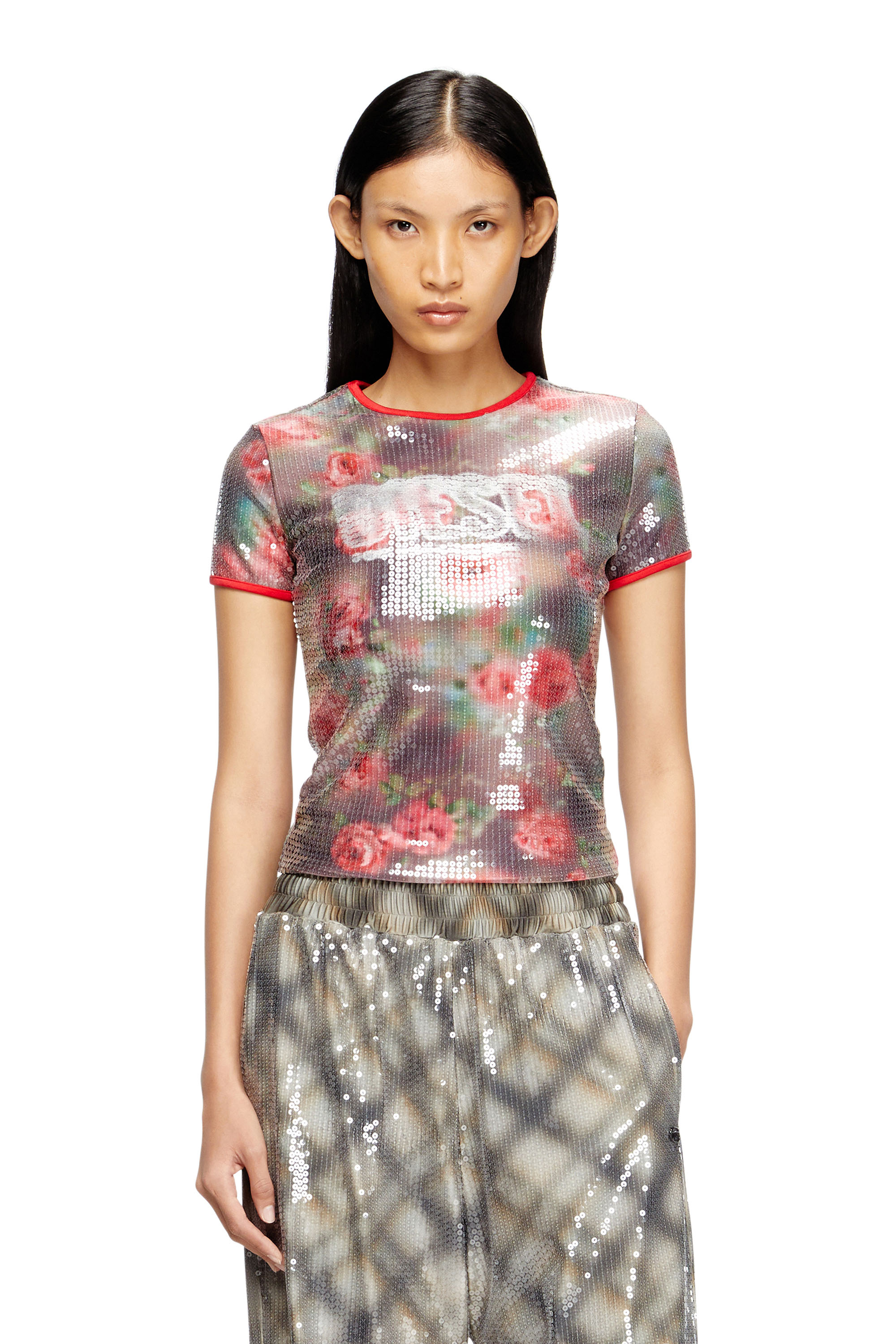 Diesel Skinny Floral Print Jersey Top With Sequins In Multi