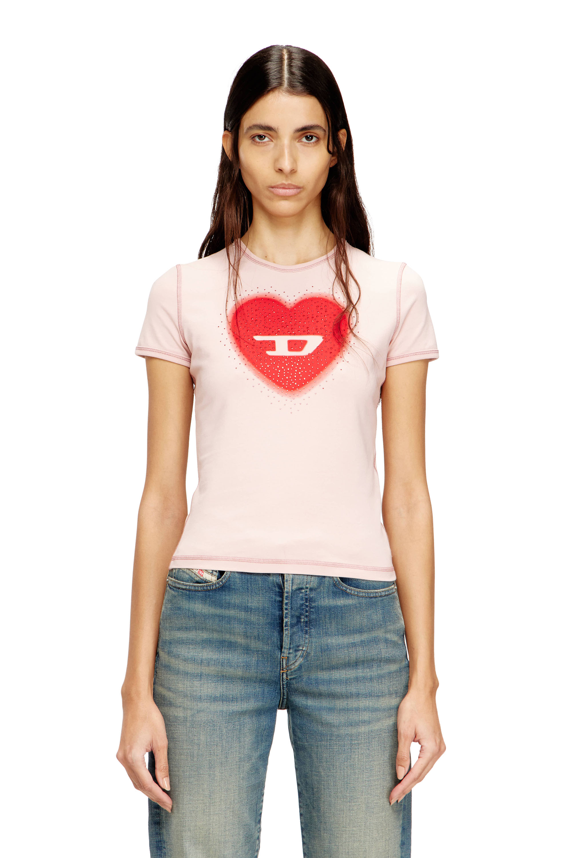 Diesel Women's Pink - Slim T-Shirt With Heart Print And Studs - T-Shirts - Woman Extra Small