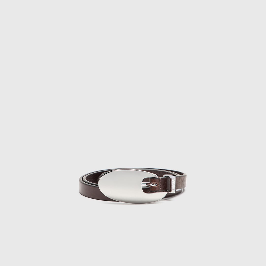 Diesel - 1.5cm slim leather belt with sculptural buckle - Belts - Woman - Brown