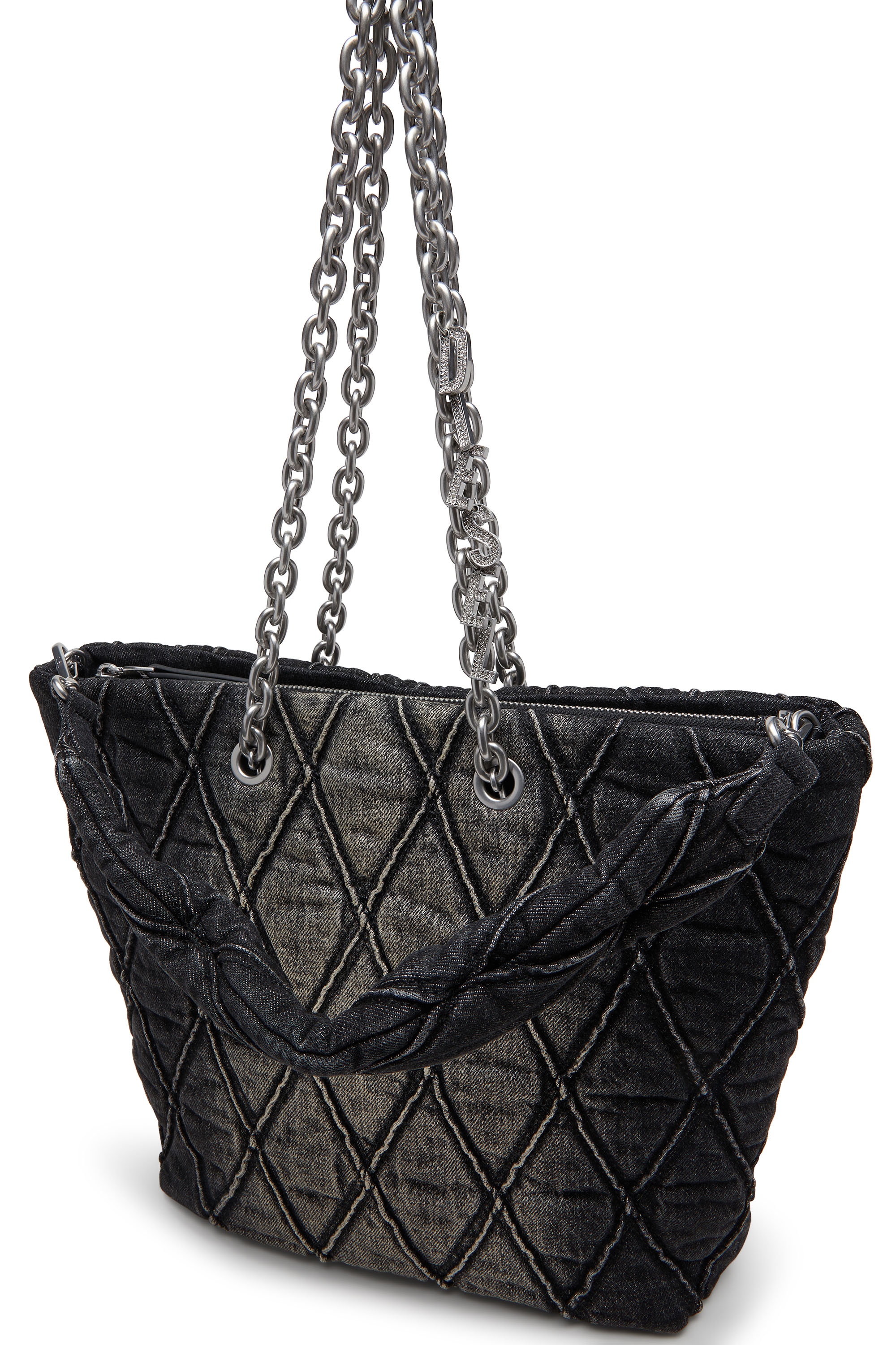 Diesel - CHARM-D SHOPPER M, Woman's Charm-D-Tote bag in treated quilted denim in Black - 6