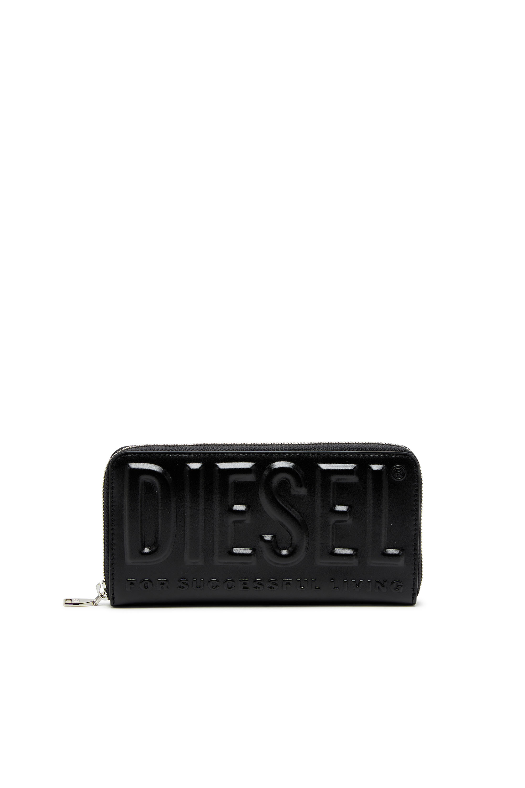 Shop Diesel Portafoglio Lungo Con Zip In Pelle Con Logo A Rilievo In Black