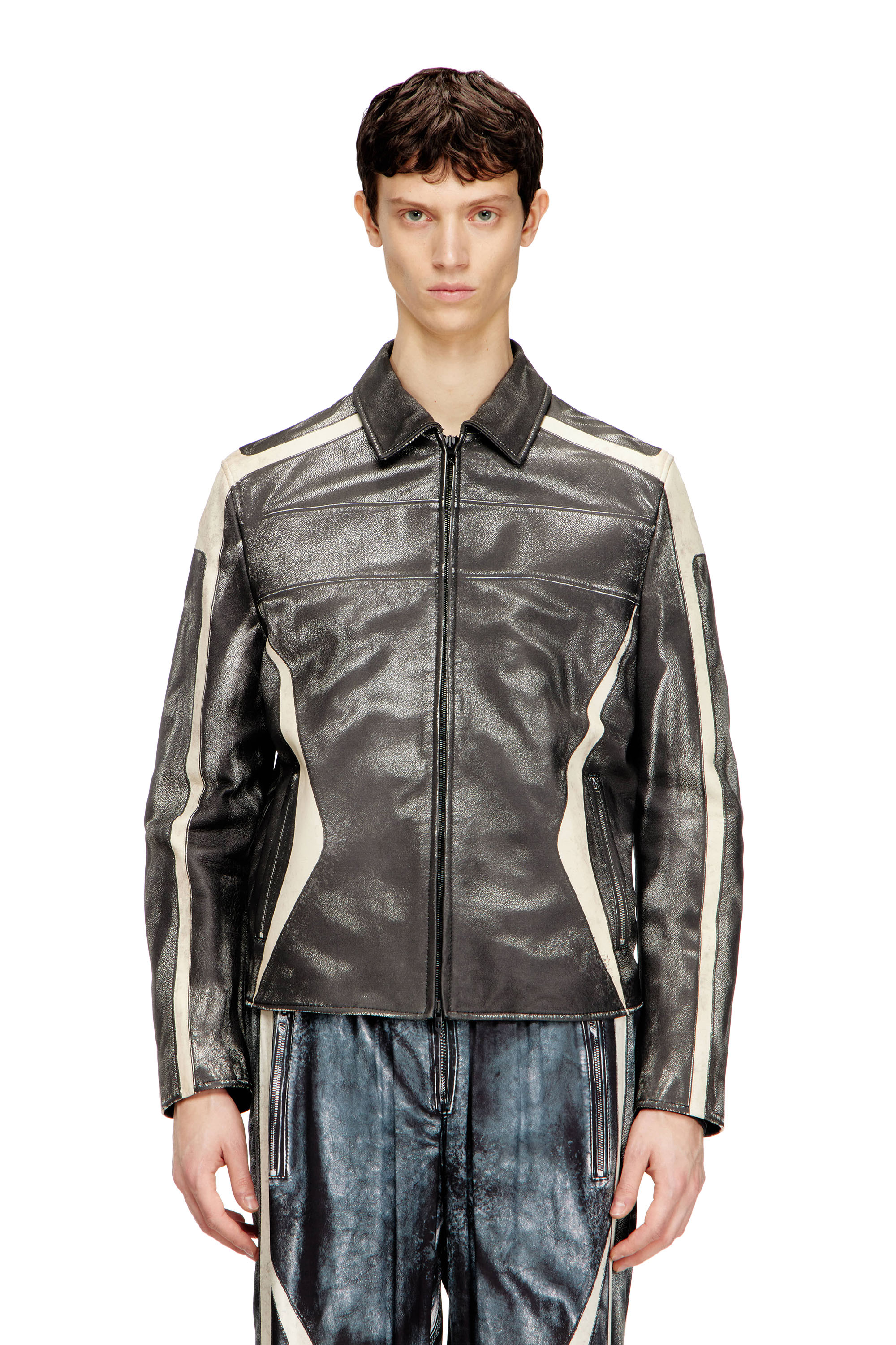 Diesel – Leather coach jacket with biker print – Leather jackets – Man – Multicolor