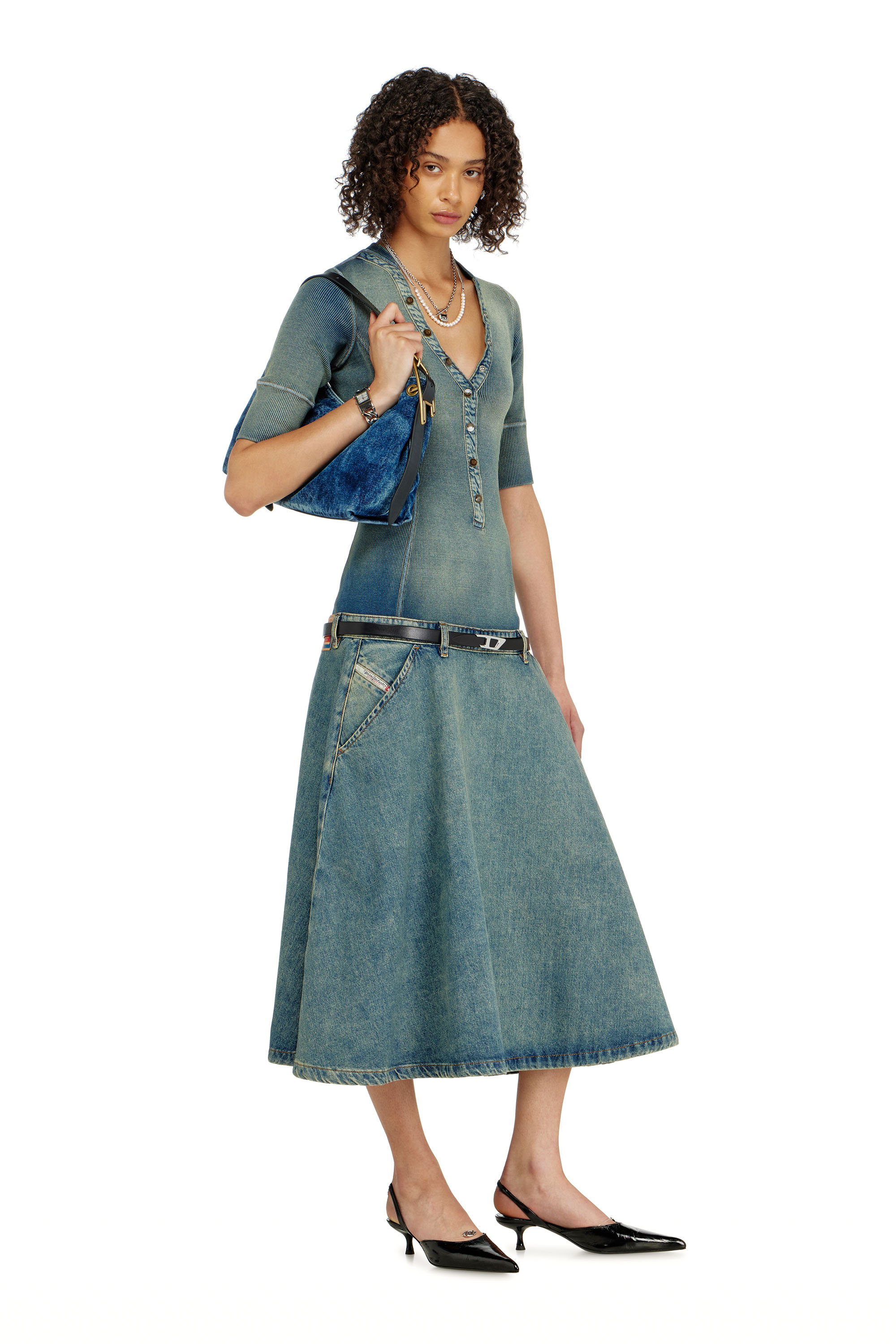 Diesel - DE-ANIM-S, Woman's Drop-waist midi dress in knit and denim in Medium blue - 1