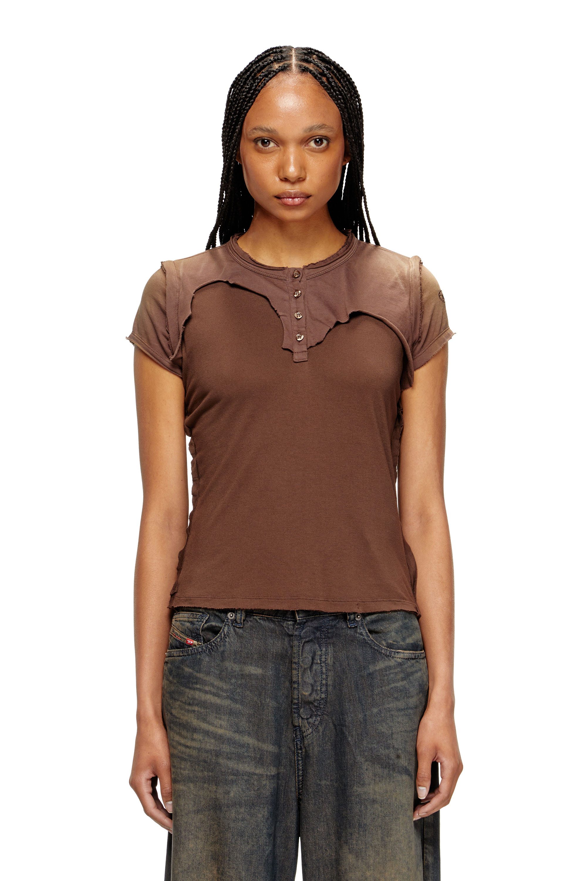 Diesel Henley T-shirt With Peel-off Effect In Brown