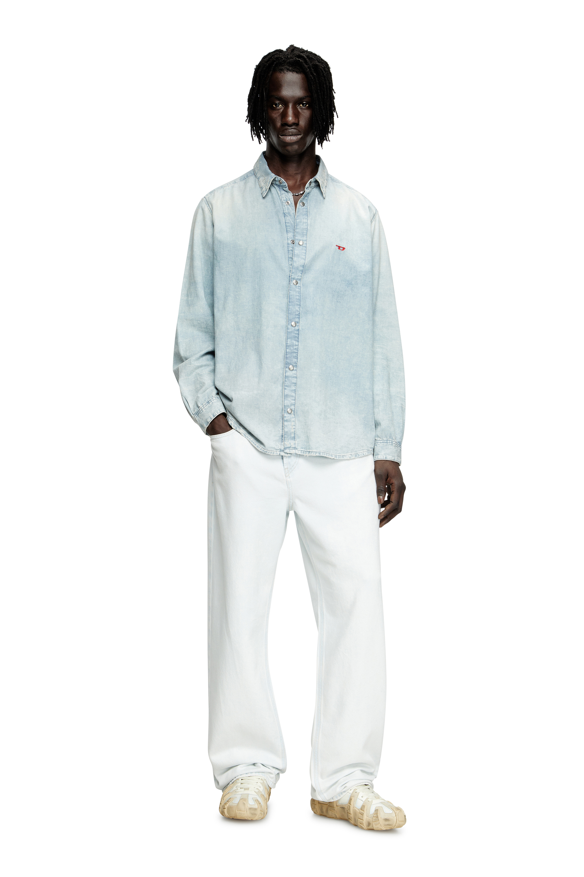Diesel - D-SIMPLY, Man's Shirt in bleach-effect denim in Light Blue - 2