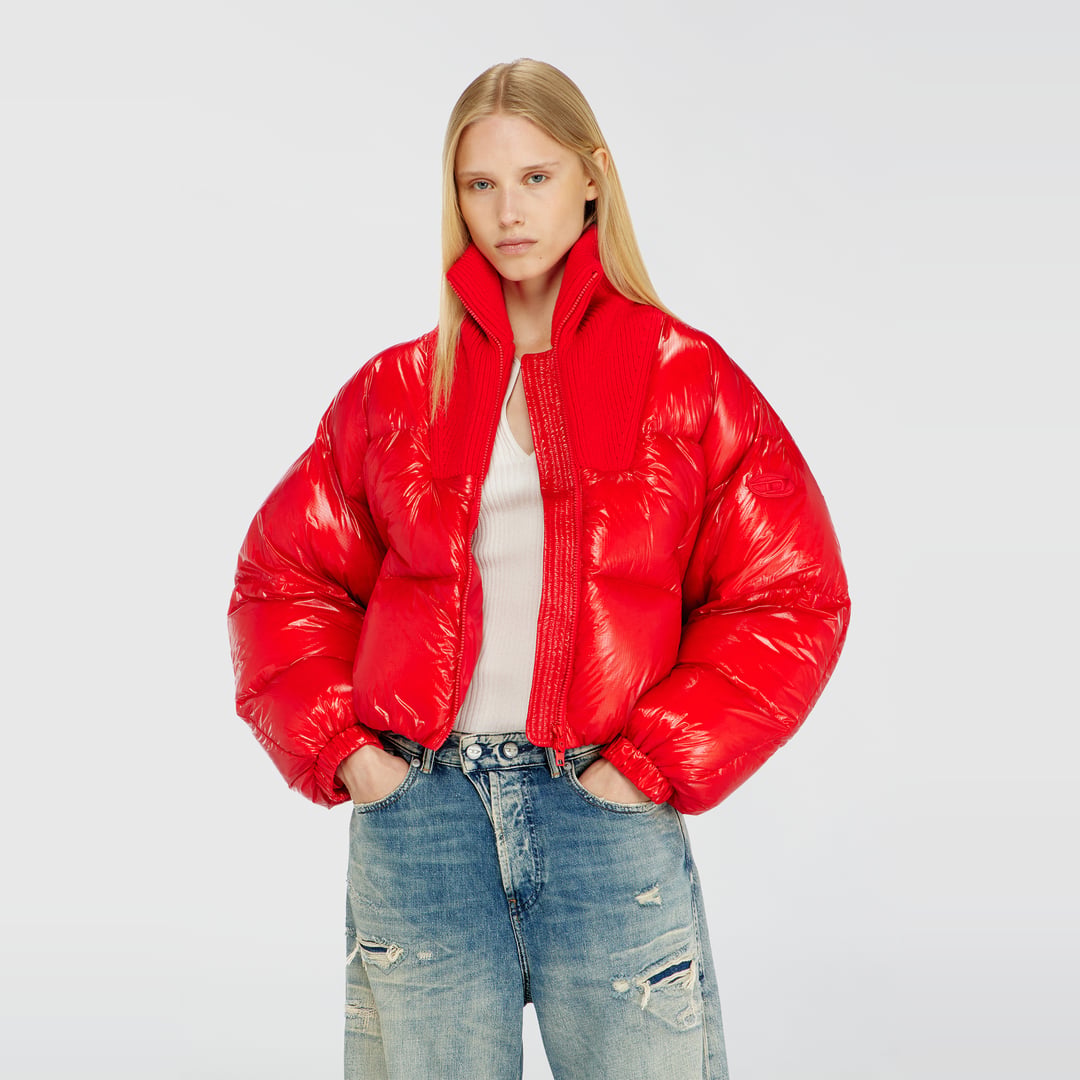 Diesel - Down puffer jacket in ripstop with knitted collar - Winter Jackets - Woman - Red