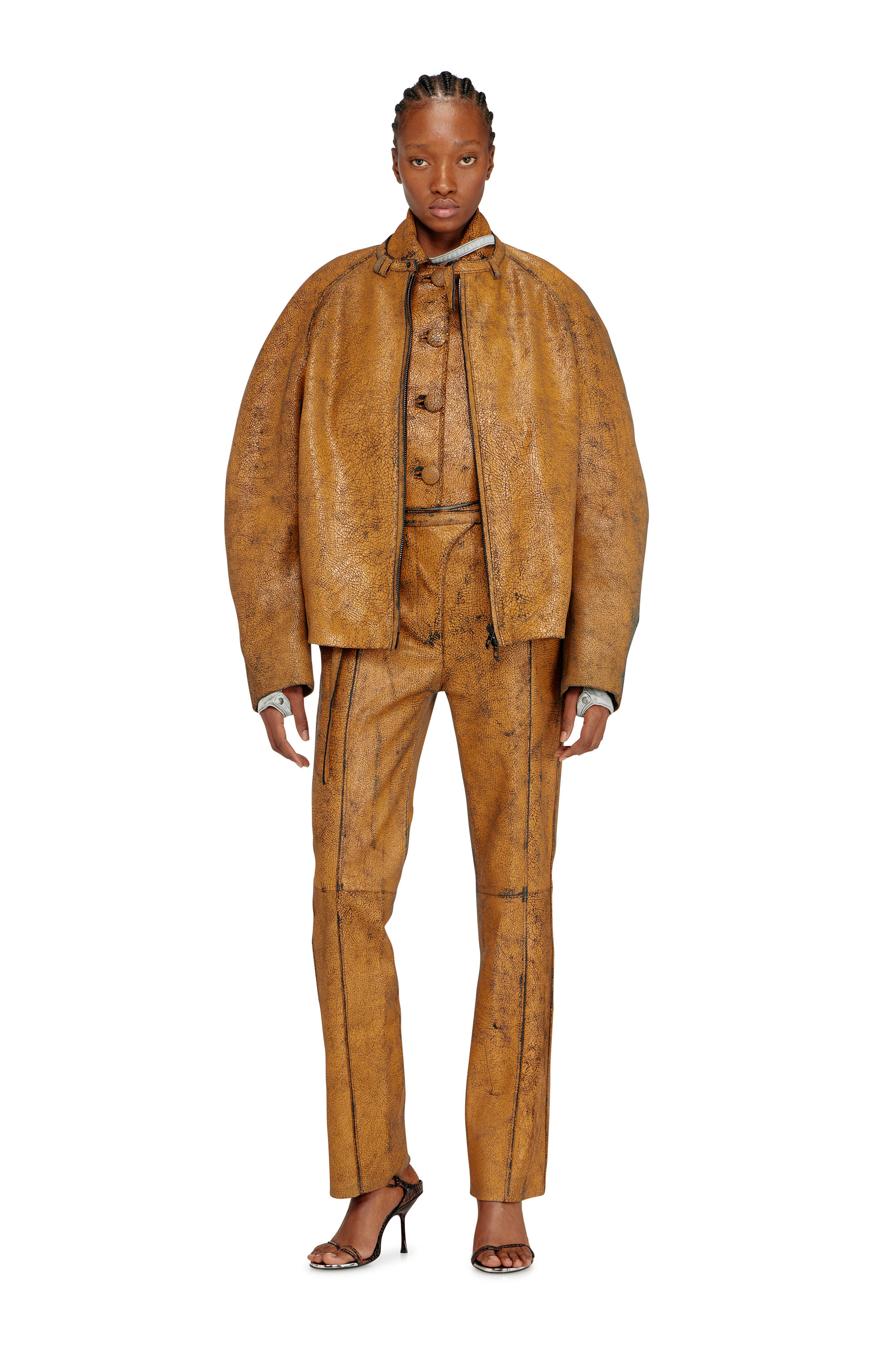 Diesel - L-CROC, Woman's Leather pants with crackled effect in Brown - 1