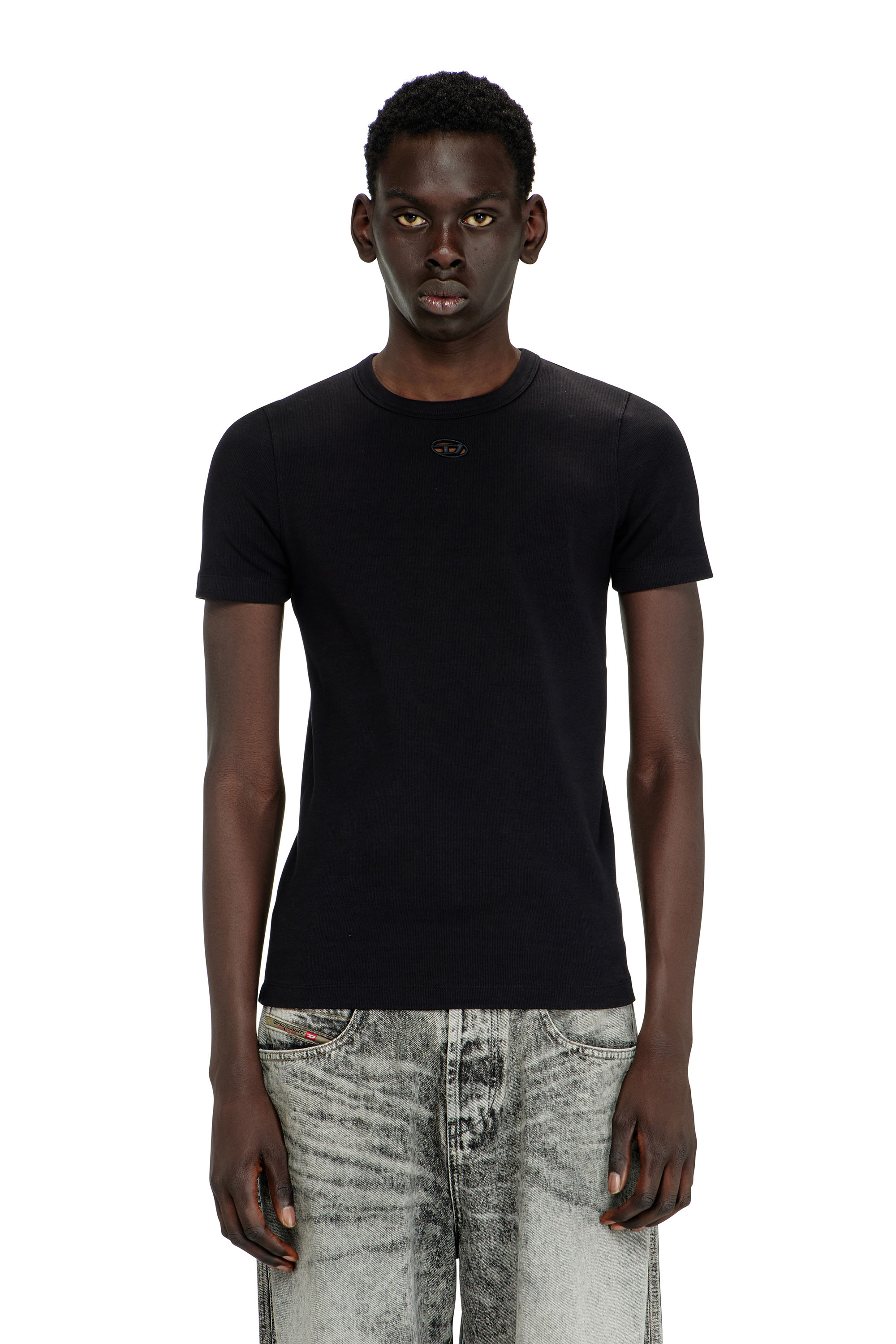 Diesel - Slim short-sleeve top with laser cut Oval D - T-Shirts - Man - Black