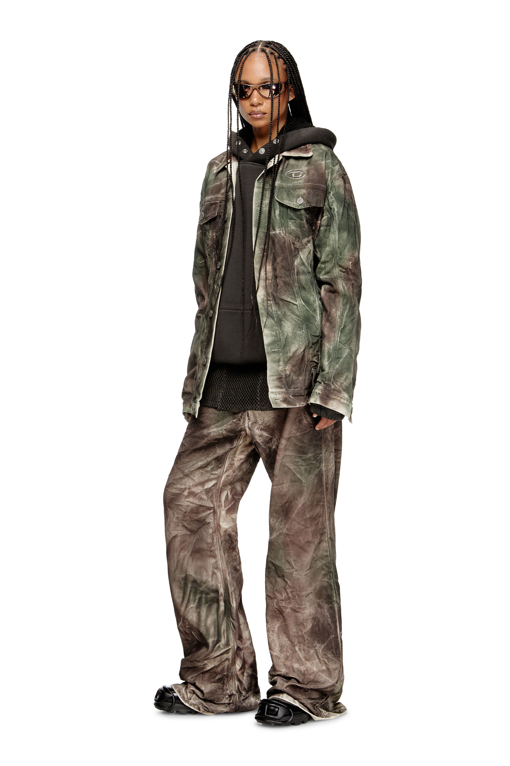 Diesel - J-THUG-JKT, Unisex's Trucker jacket in crinkled camo canvas in Brown/Green - 2