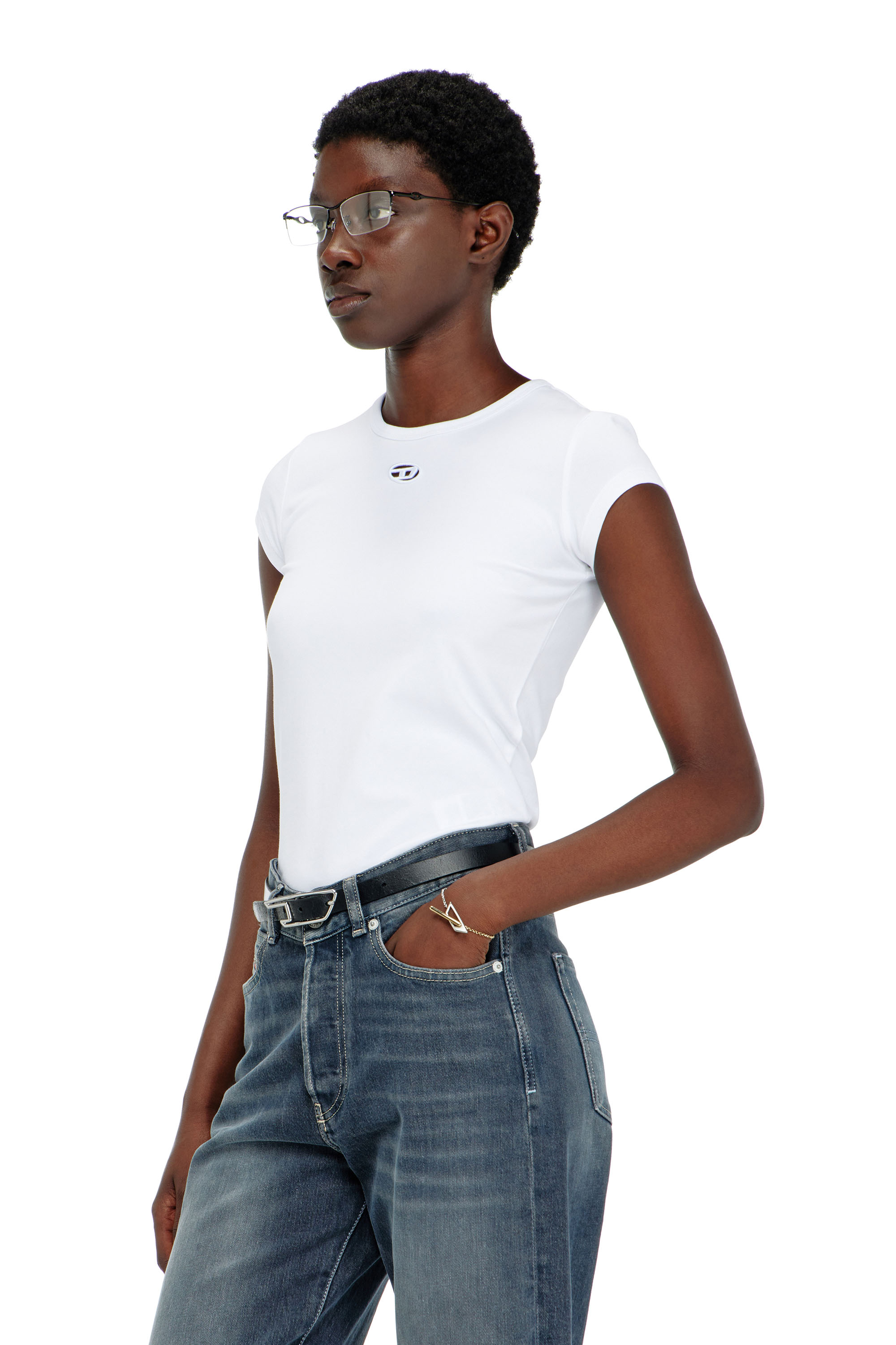 Diesel - T-shirt with cut-out embroidered logo - T-Shirts - Woman - White