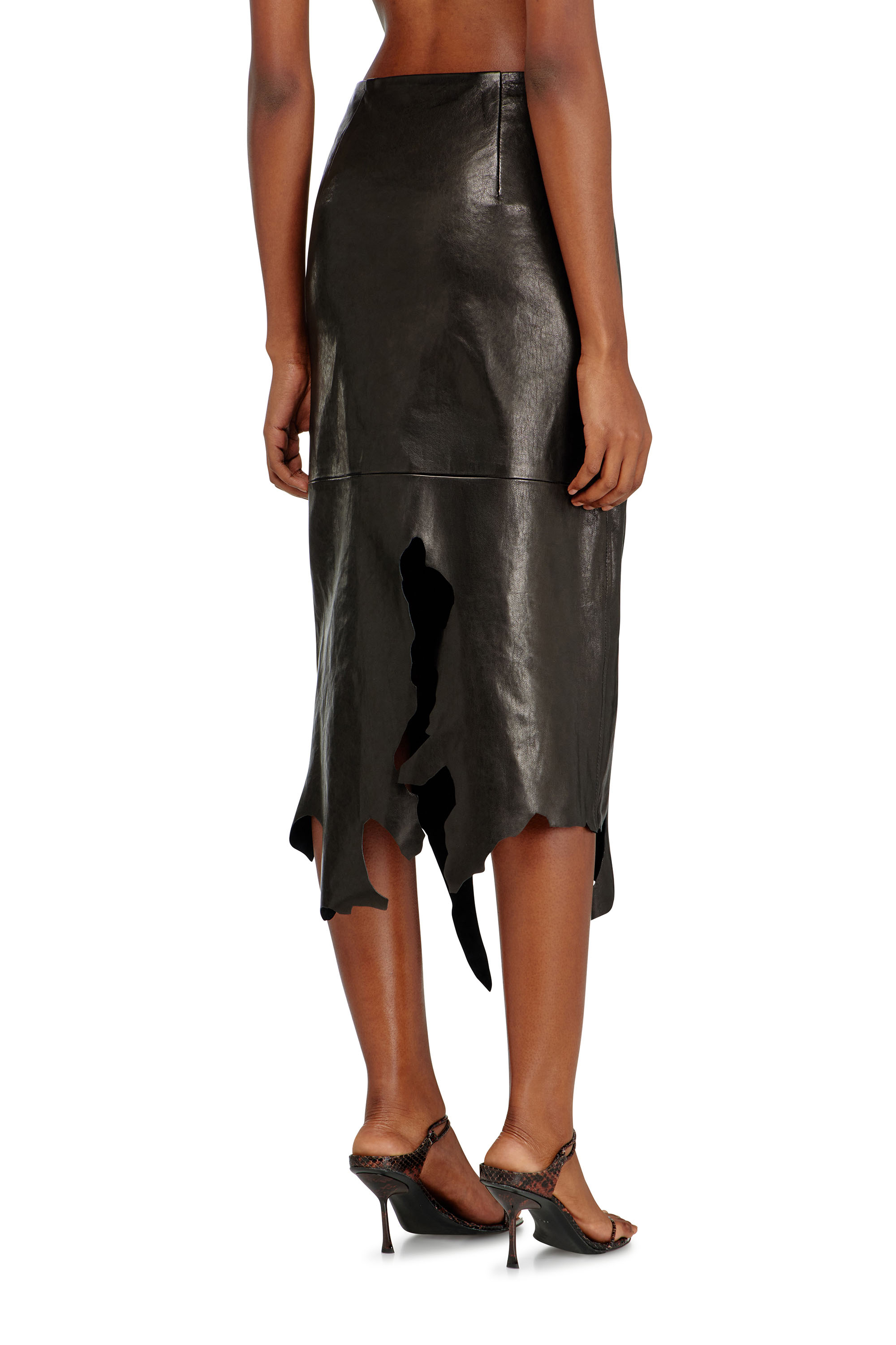 Diesel - L-TORN, Woman's Leather midi skirt with jagged hem in Black - 3