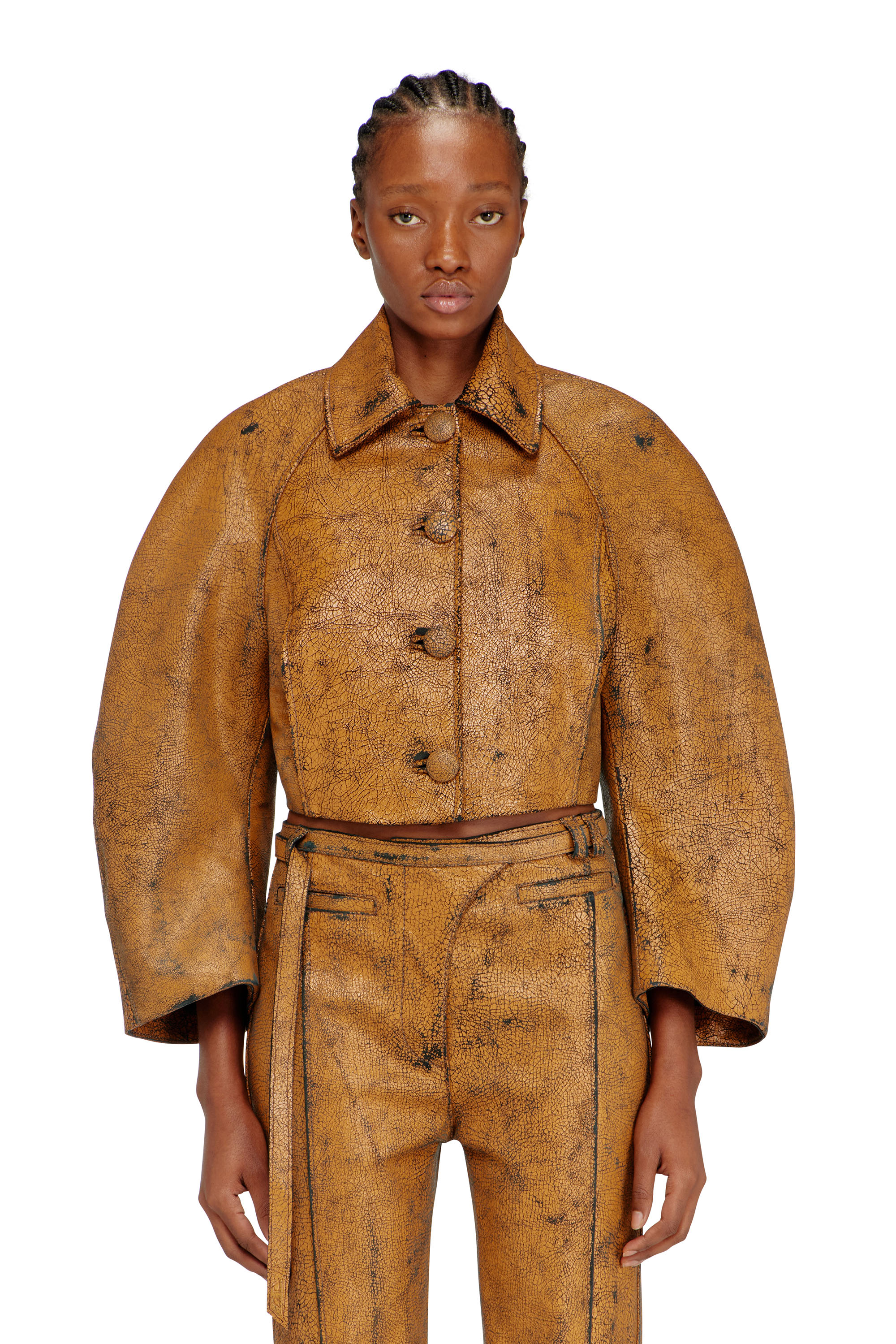 Diesel - L-RAYA, Woman's Cropped cocoon jacket in crackle leather in Brown - 1