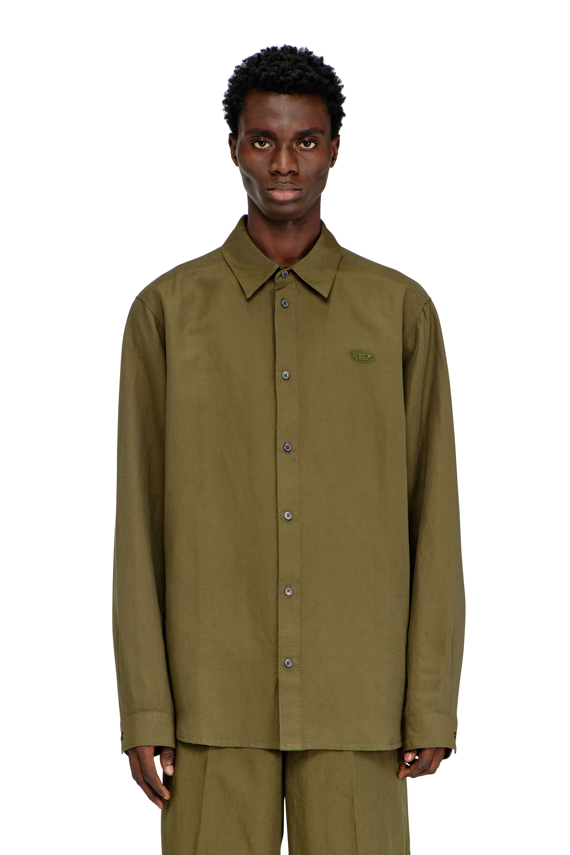 Diesel Men's Green - Linen-Blend Shirt With Logo Embroidery - Shirts - Man Size 46