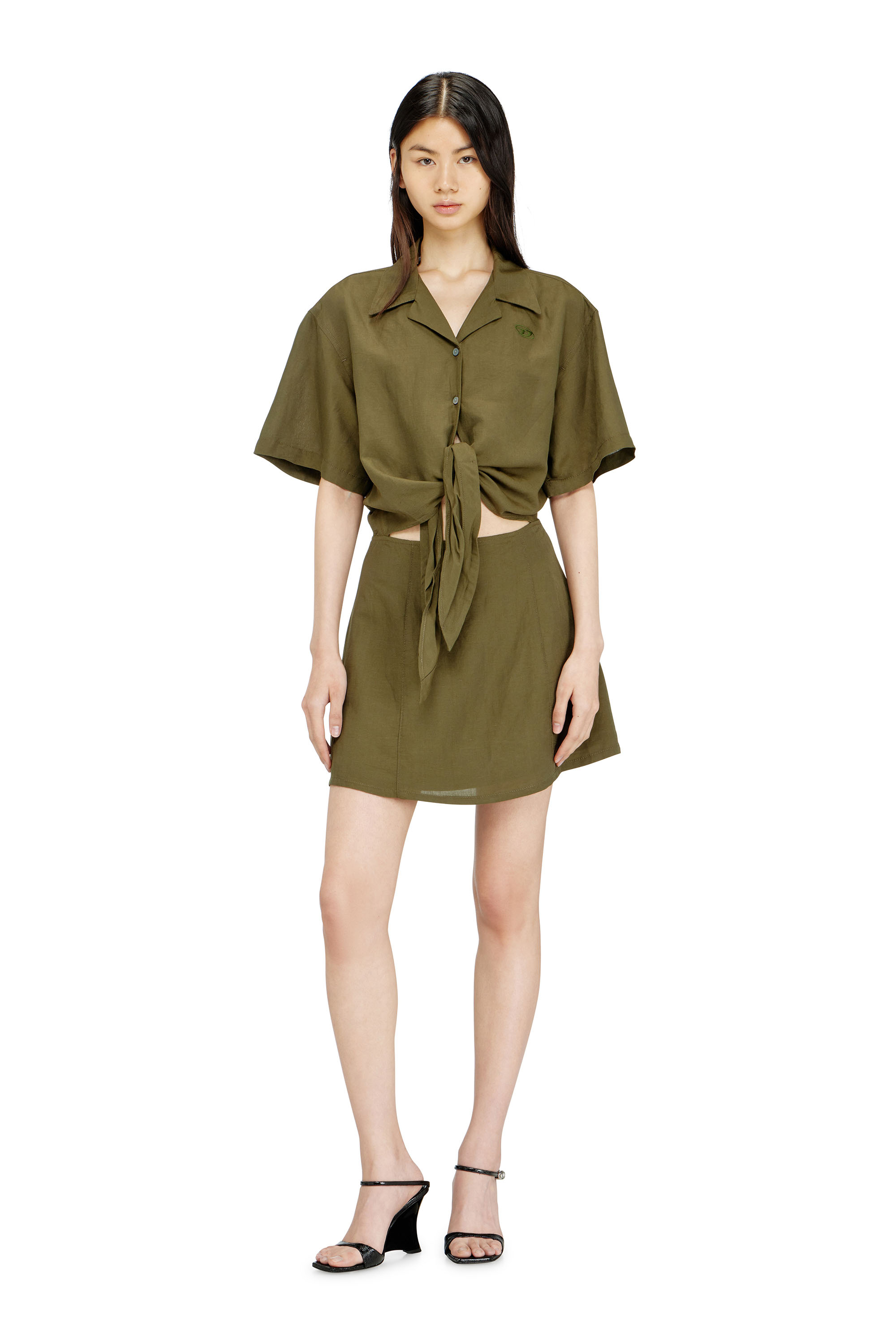 Diesel - D-STALL, Woman's Linen-blend mini dress with waist knot in Military Green - 2