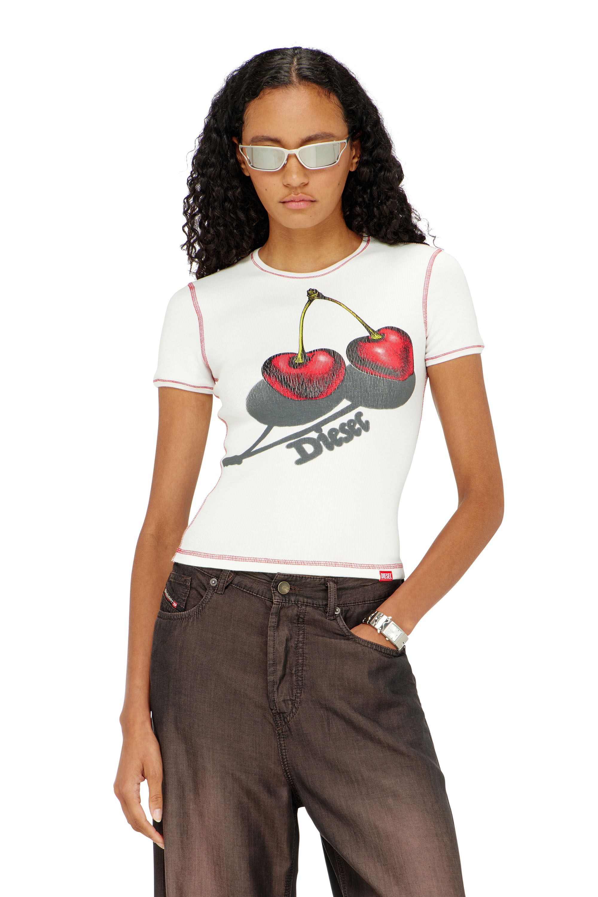 Diesel - Slim cotton T-shirt with cherry print - T-Shirts - Woman - White