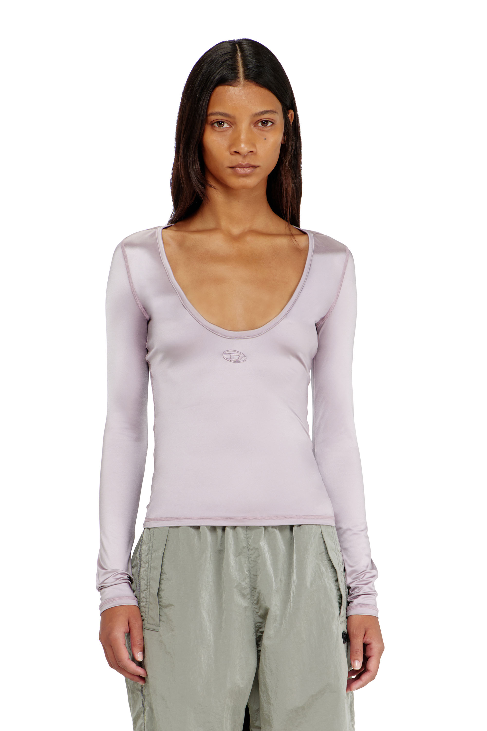 Diesel Damen Violett - Nylon Slim Top Mit Rundhalsausschnitt Und Logo Oval D Stickerei - Oberteile Klein