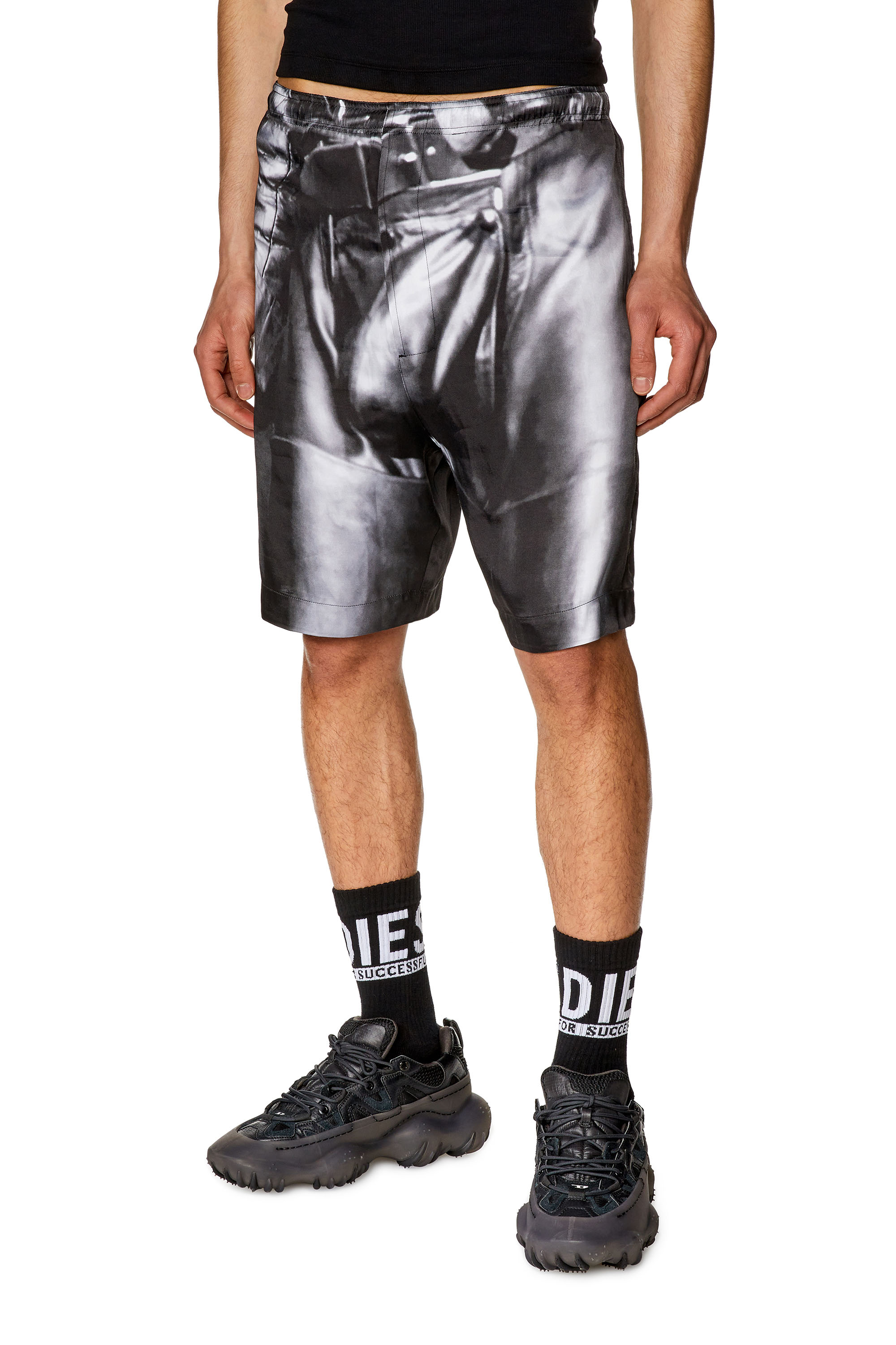 Diesel - Silk satin shorts with black print - Shorts - Unisex - Black