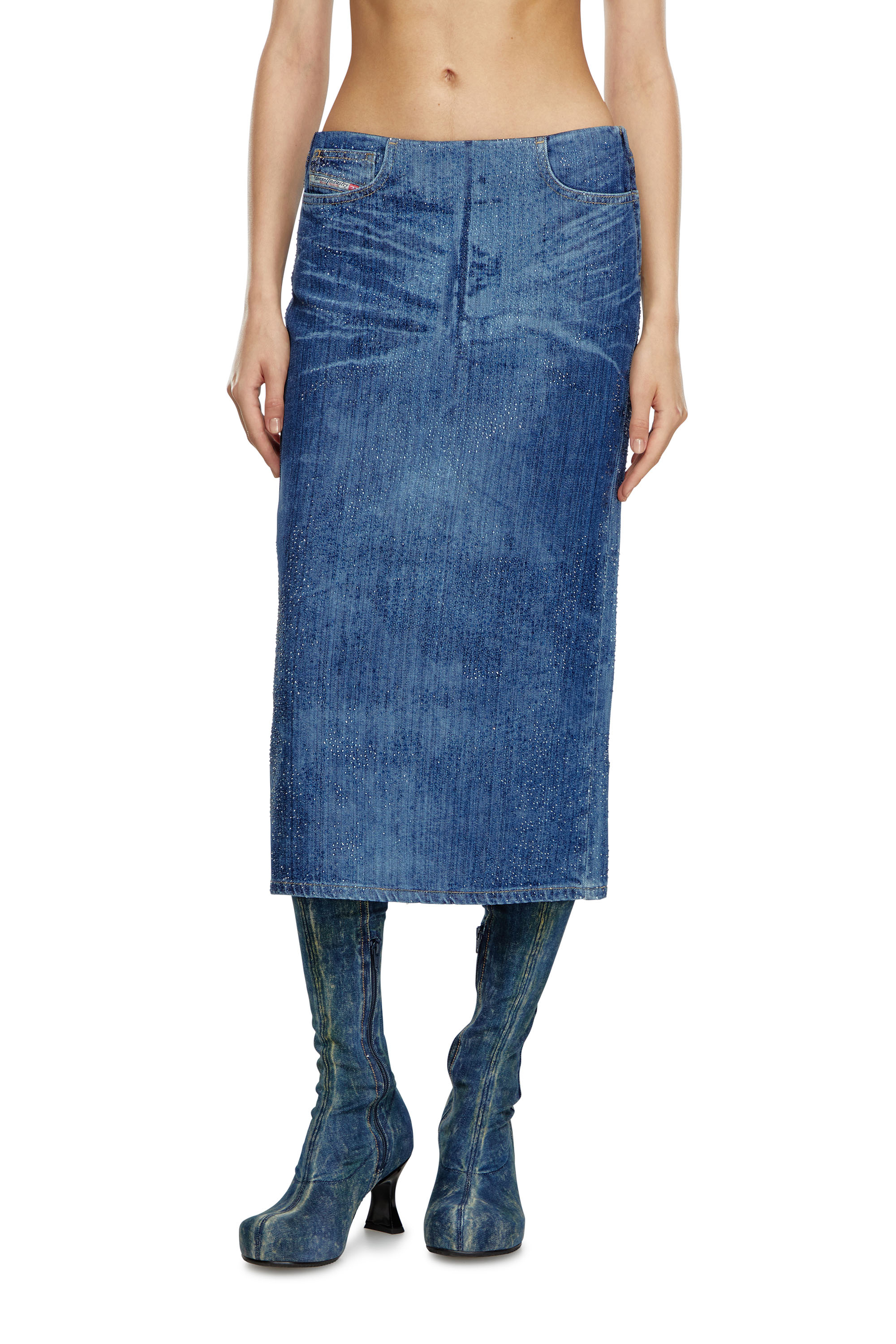 Diesel Pencil Skirt In Rhinestone Denim In Blue